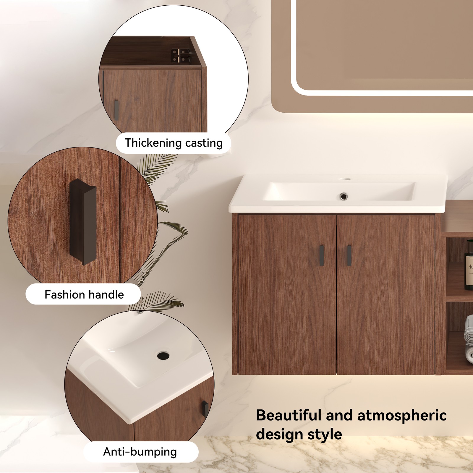 60in reddish brown Bathroom Vanity w/Storage Shelves & Soft Close Doors