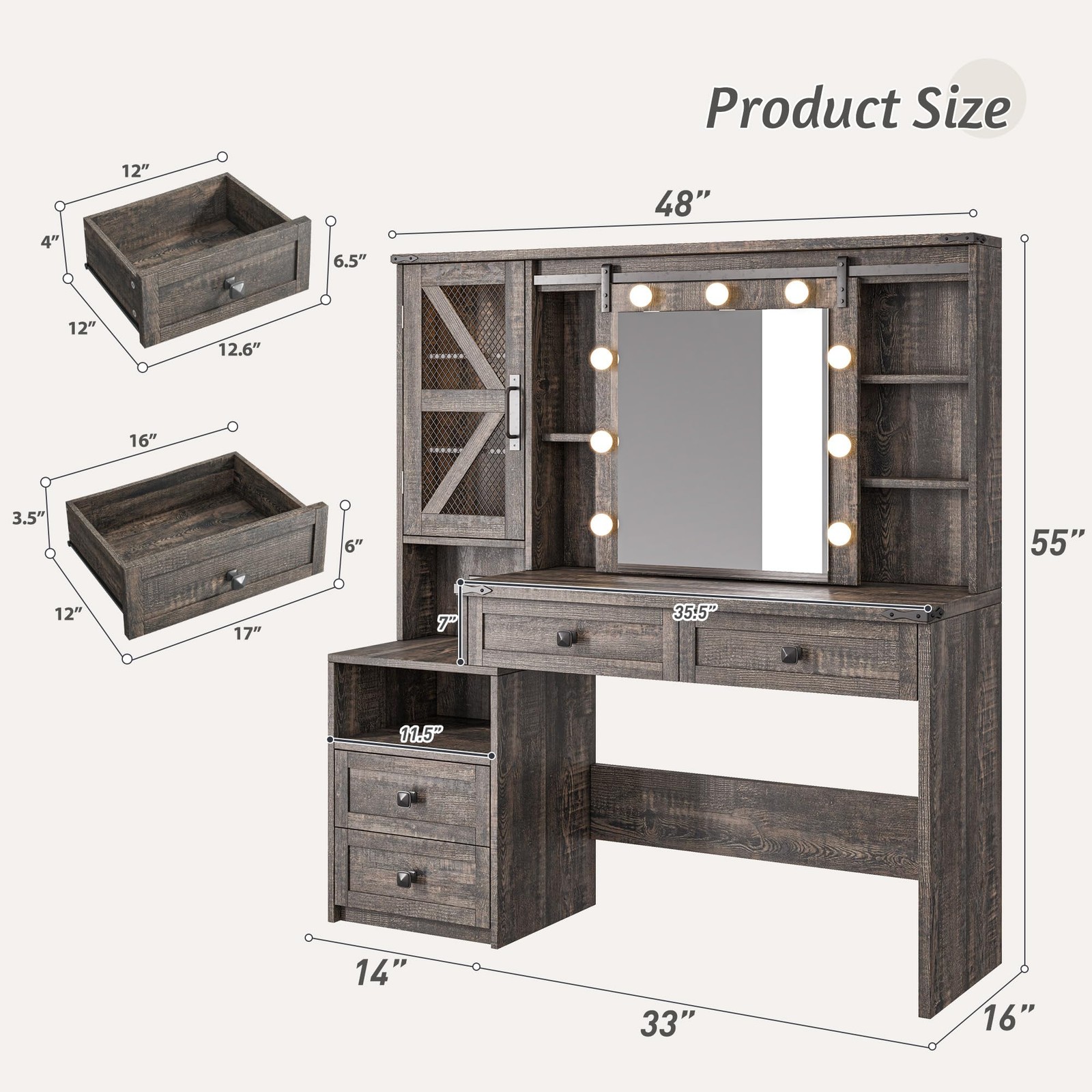 48W Vanity Sliding Mirror Lights 4-Drawer 2-Cabinet 3-Color Lighting Rustic Oak