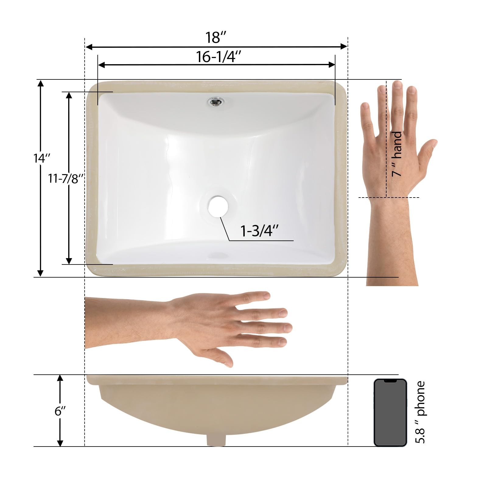 Mocoloo Undermount Bathroom Sink 18 x 14 Inch Rectangle Porcelain White Ceram…