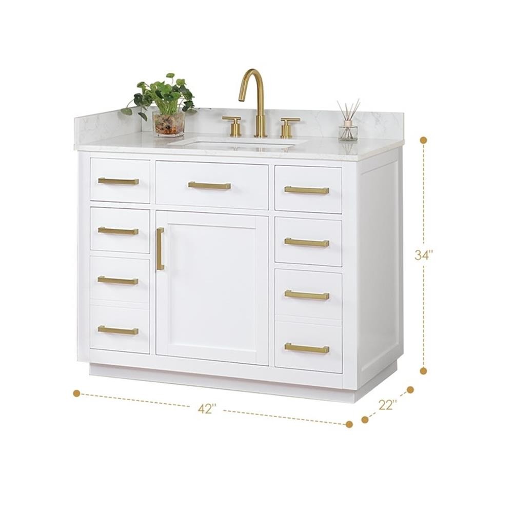 Gavino 42″ Wood Vanity in White with Composite Stone Top no Mirror
