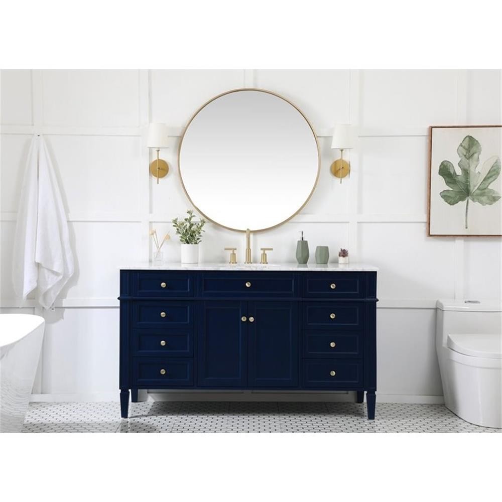 Pemberly Row 60″ Metal MDF Marble Single Bathroom Vanity in Blue