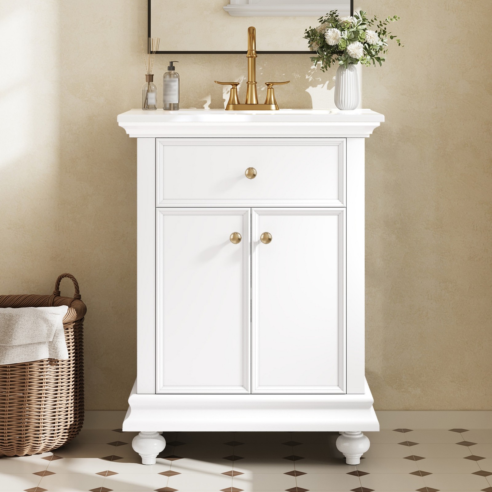24″ Modern Bathroom Vanity with A Tip-Out Drawer & Soft-Close Hinges White