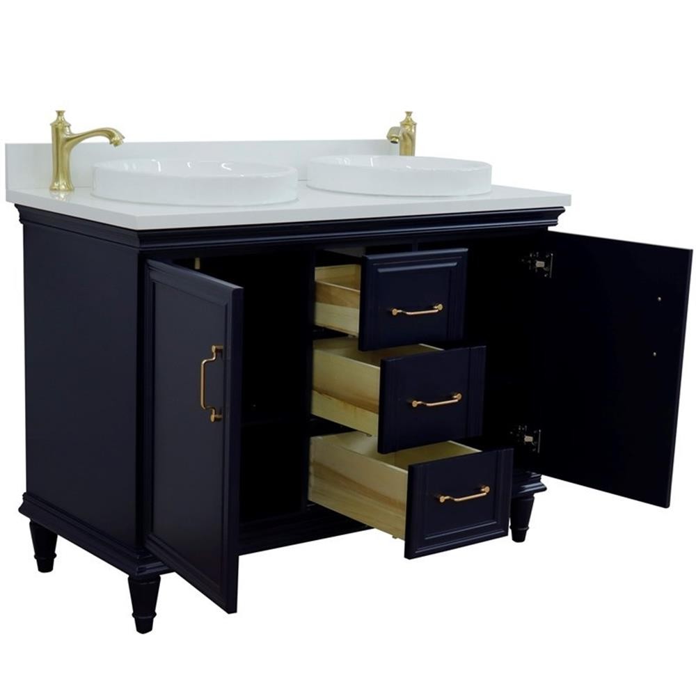 49 in. Double Wooden Vanity Blue with White Quartz Round Sink