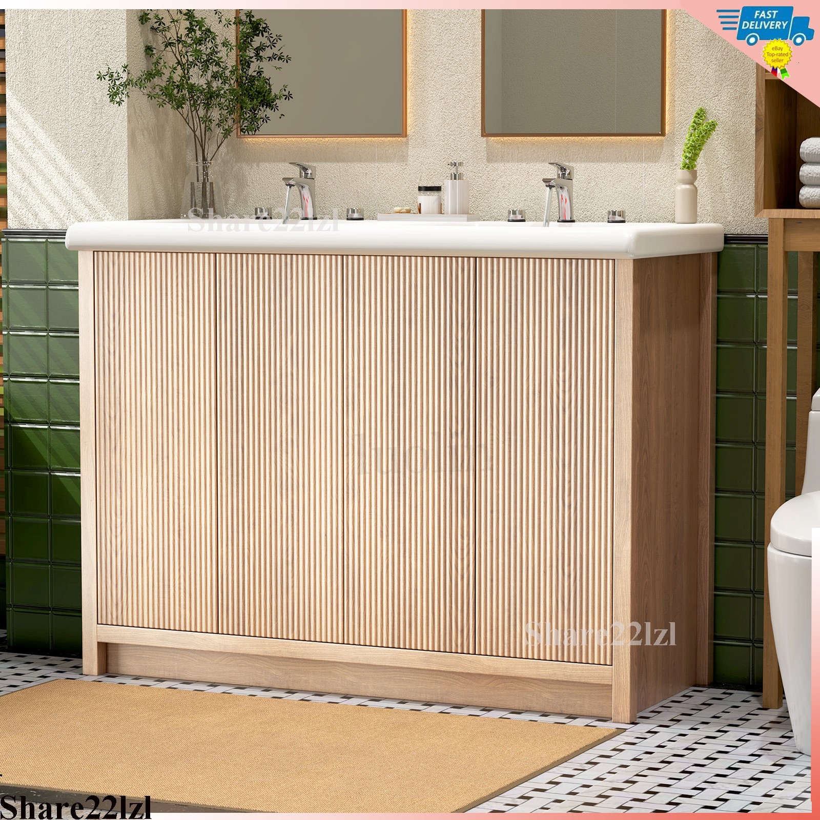 47″ Bathroom Vanity with Double Ceramic Sink, Modern Storage Cabinet with Doors