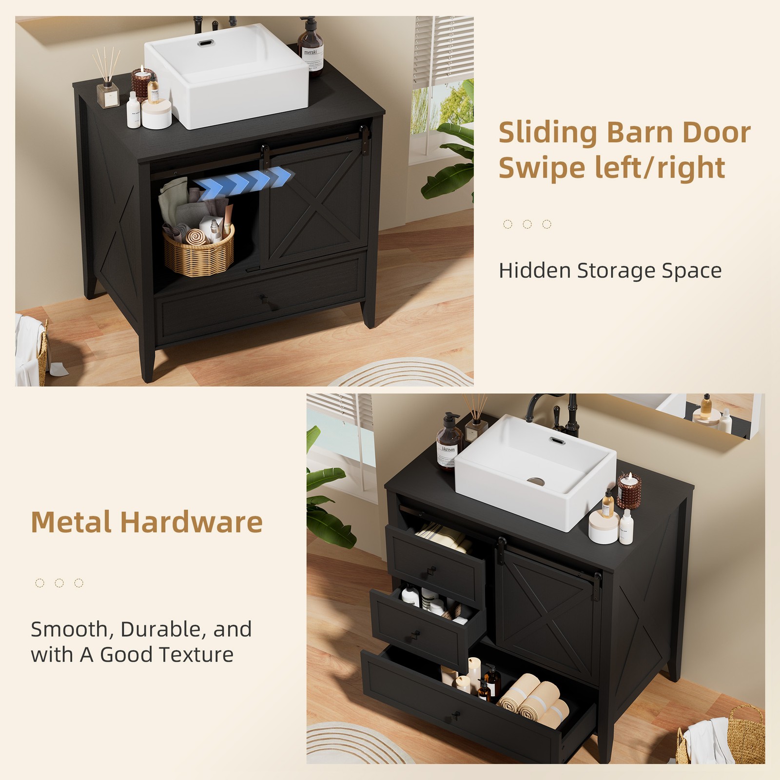 36″ Bathroom Vanity w/Sink Ceramic Freestanding Cabinet Wood Grain Texture Black