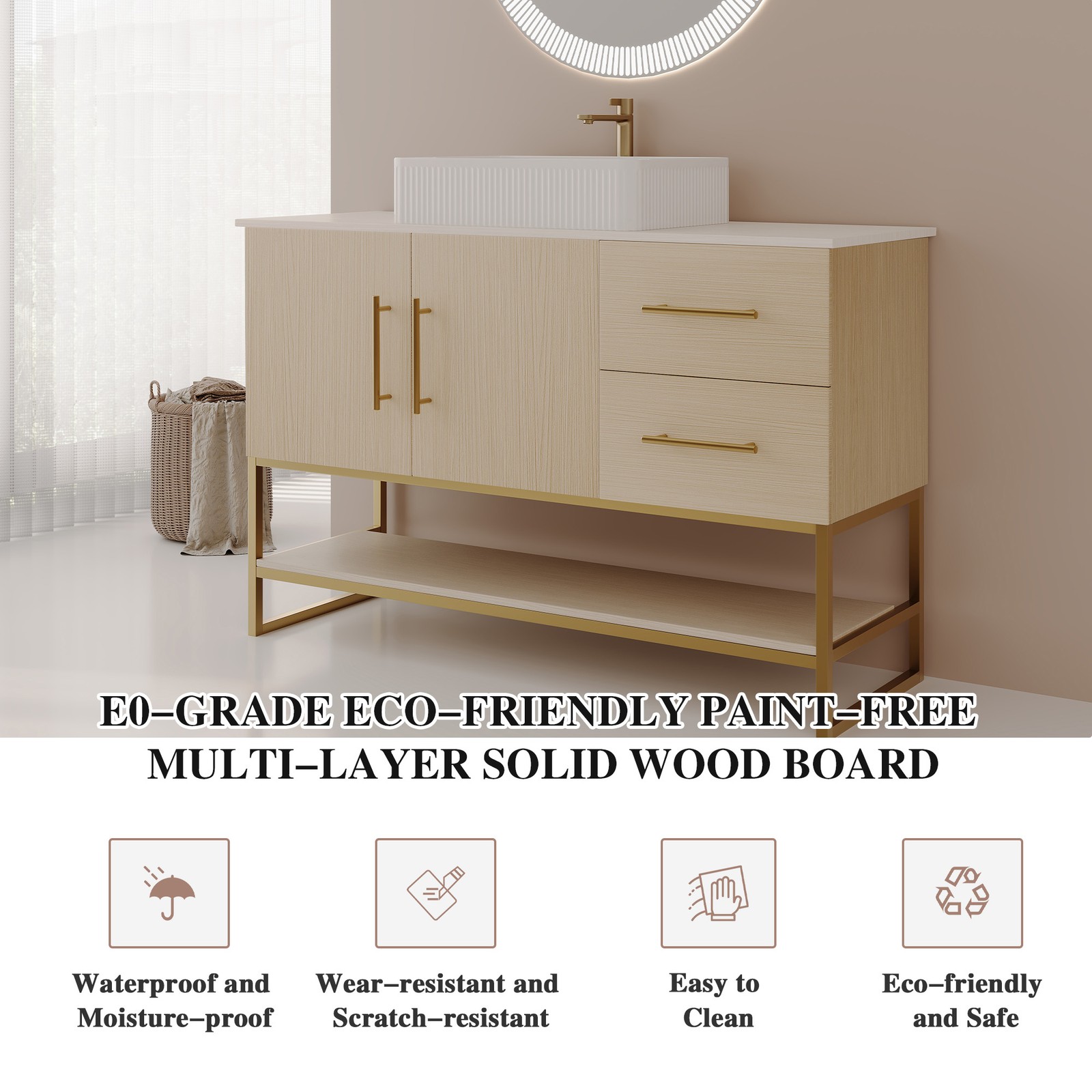 47.2″ Bathroom Vanity with Ceramic Sink, Gold Accent, White Oak