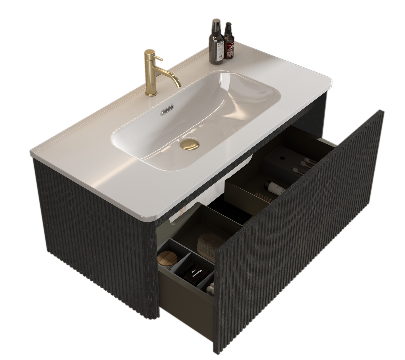 Etna 36″ Brushed Black Oak Floating Bathroom Vanity with White Ceramic Sink
