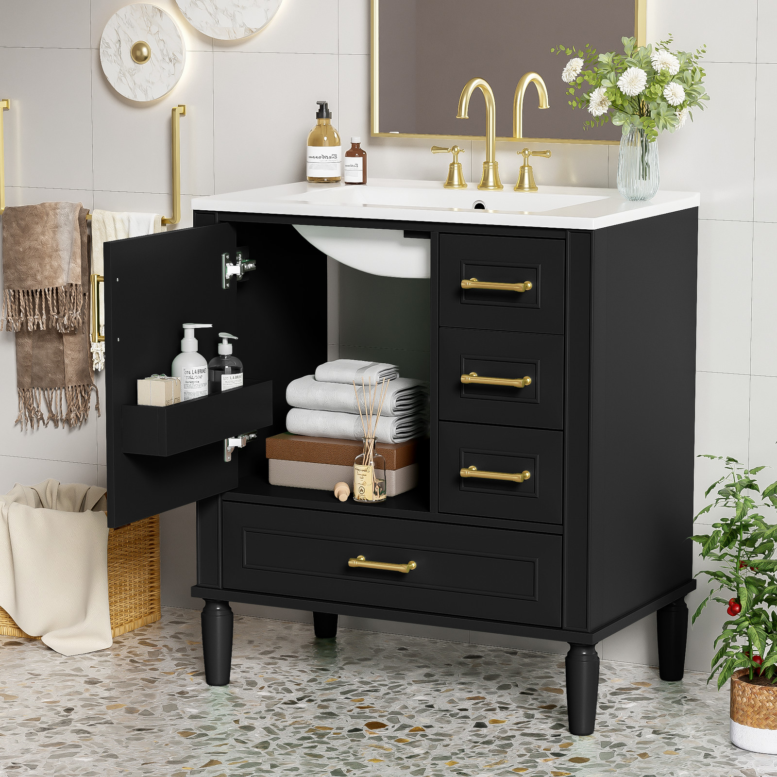 30″ Black Bathroom Vanity Set with 3 Drawers & Gold Handles