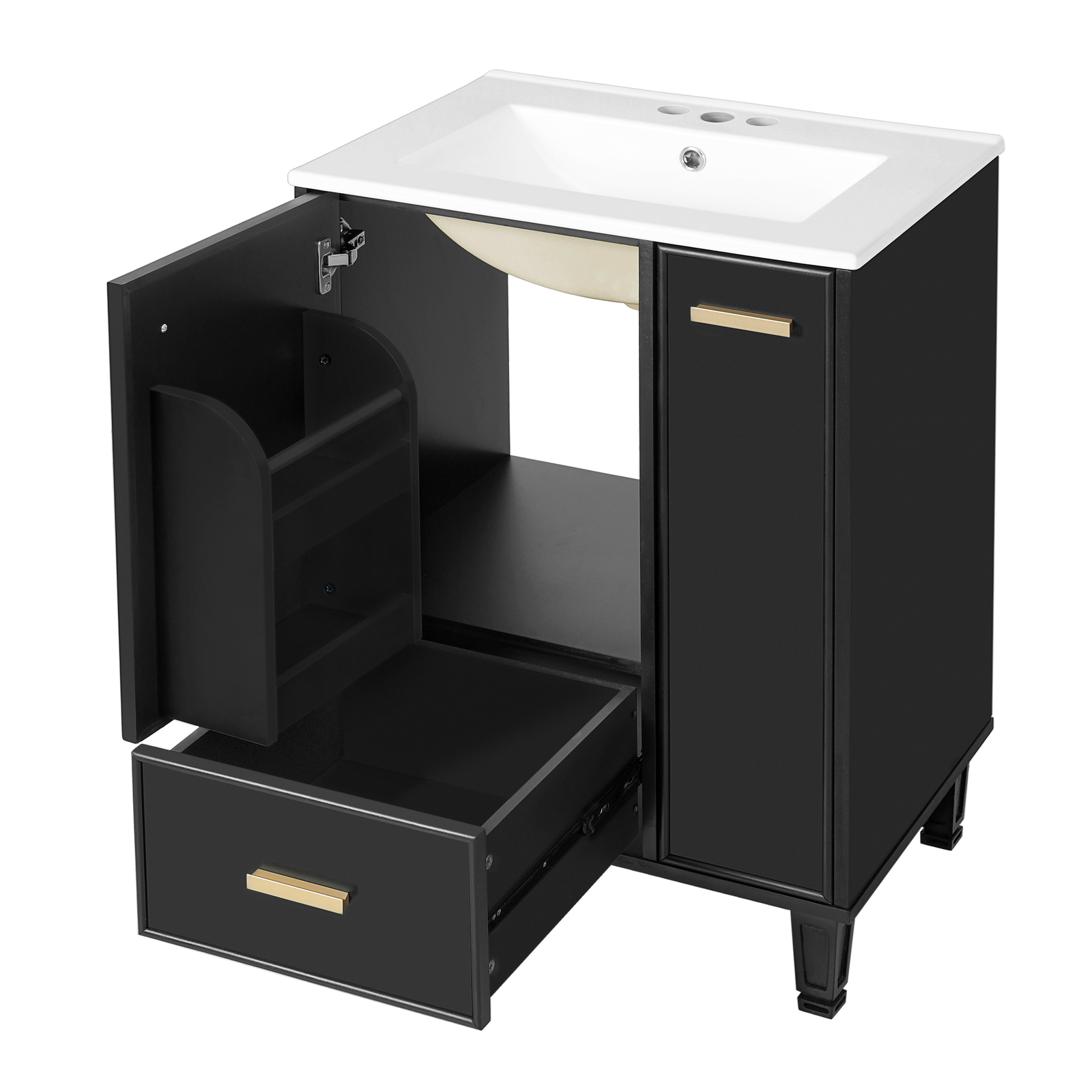 Bathroom Vanity with Ceramic Sink Solid Wood Frame Storage Cabinet Deep Drawer