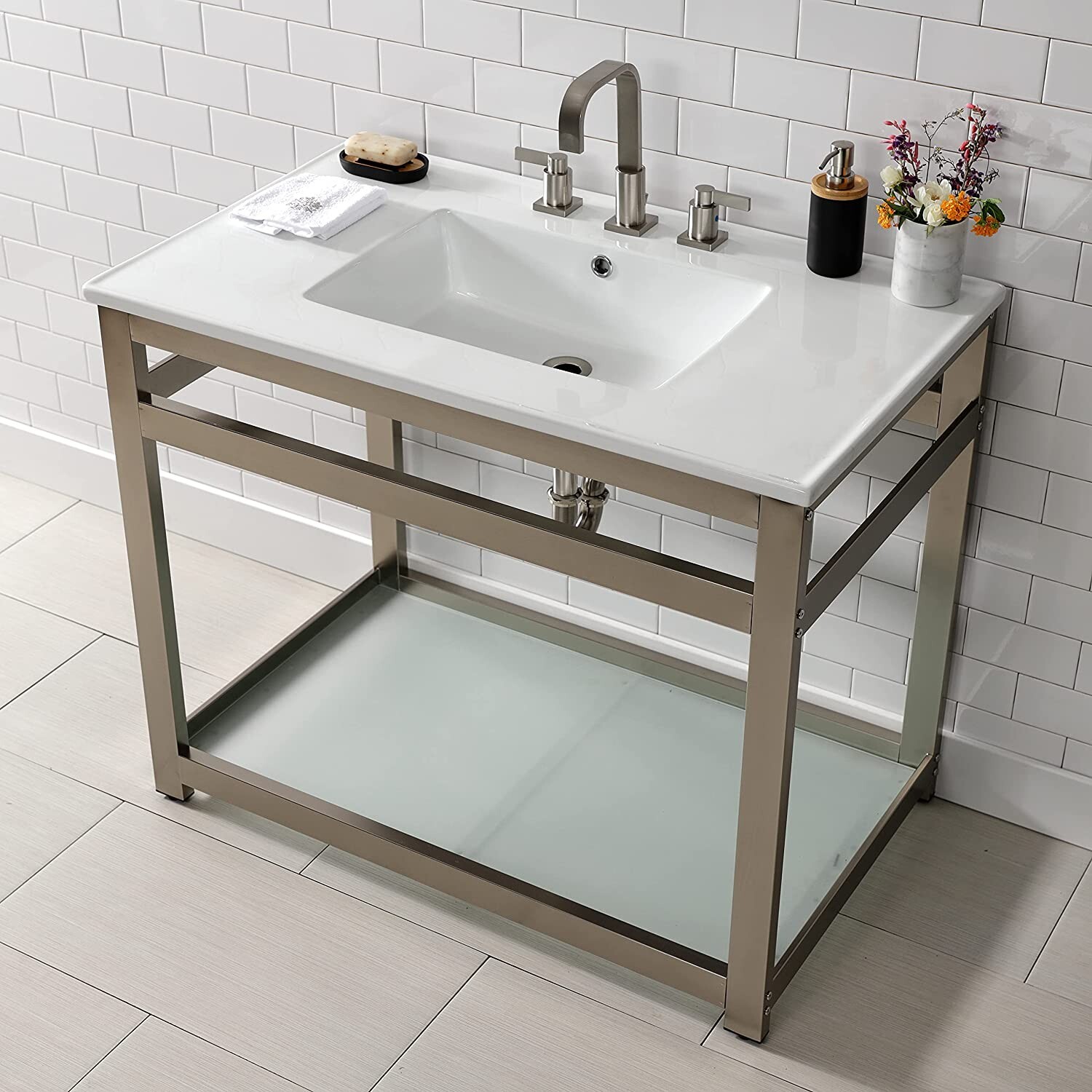 Kingston Brass VSP3722B8 Fauceture 37″ x 22″ Steel Console sink brushed nickel