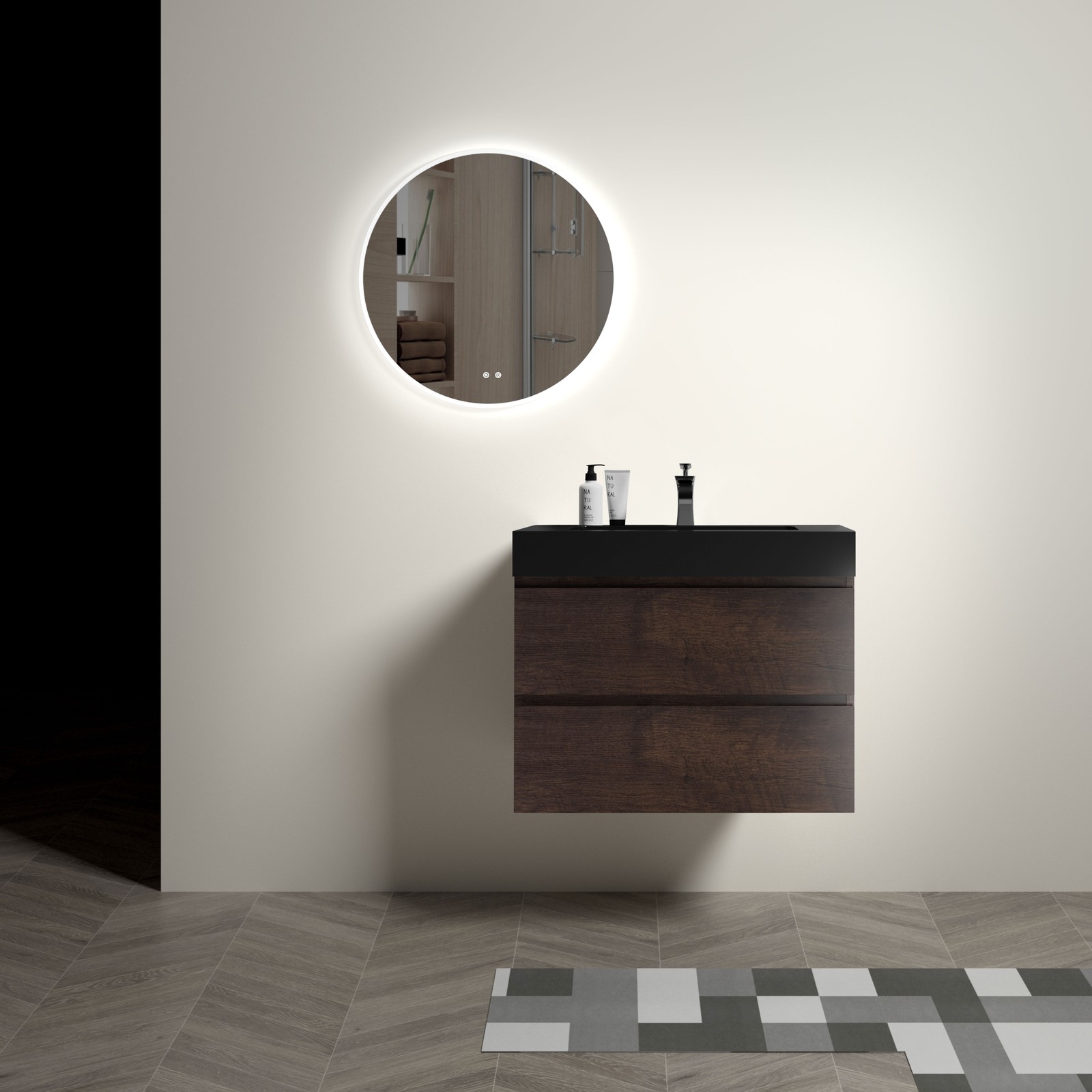 30″ Walnut Floating Bathroom Vanity with Black Sink, Triple Drawers