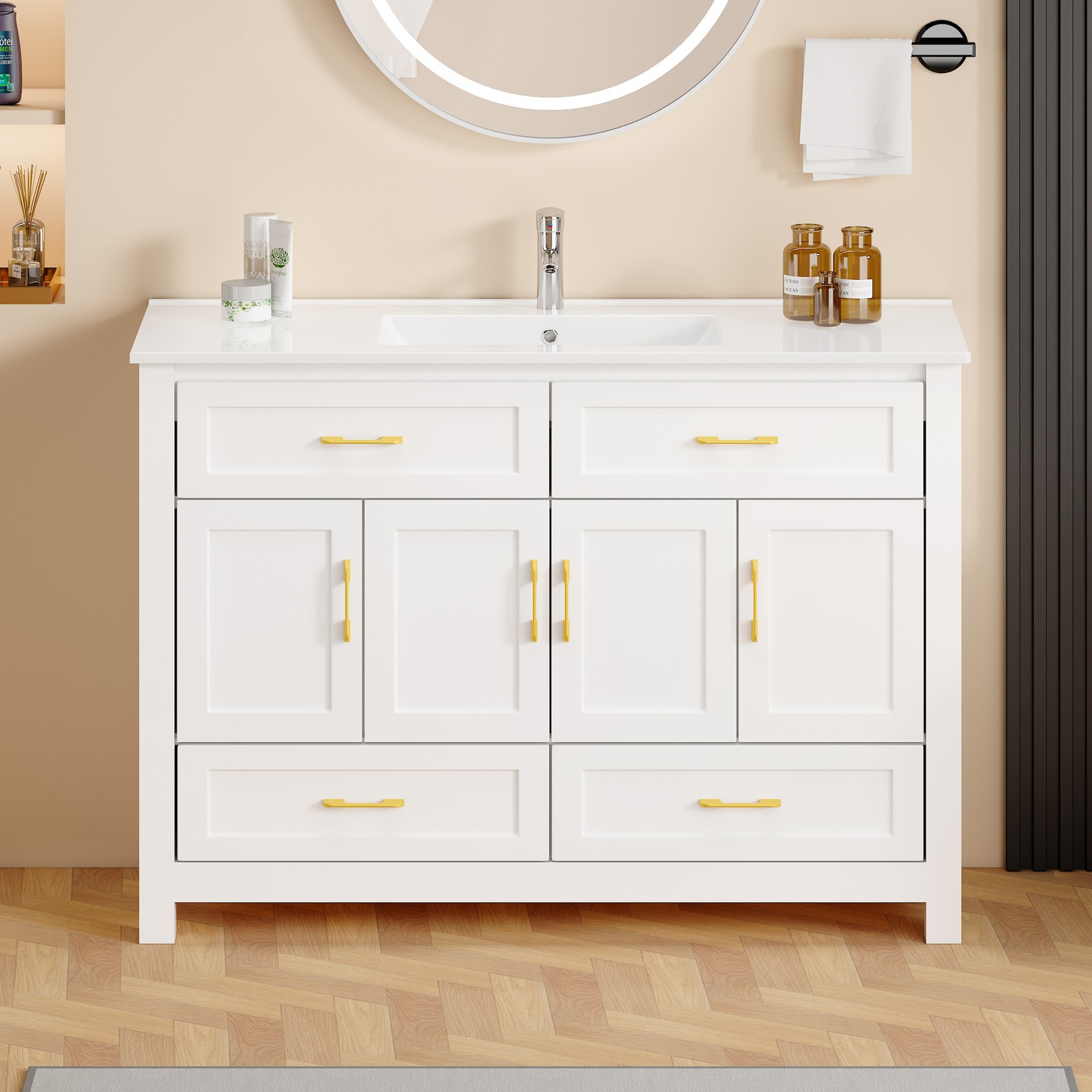 48 Inch White Bathroom Vanity with Resin Sink and Storage Cabinet