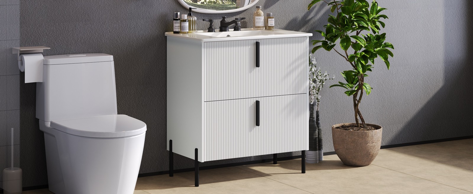 30″ White Bathroom Vanity with Ceramic Sink & Soft Close Drawers
