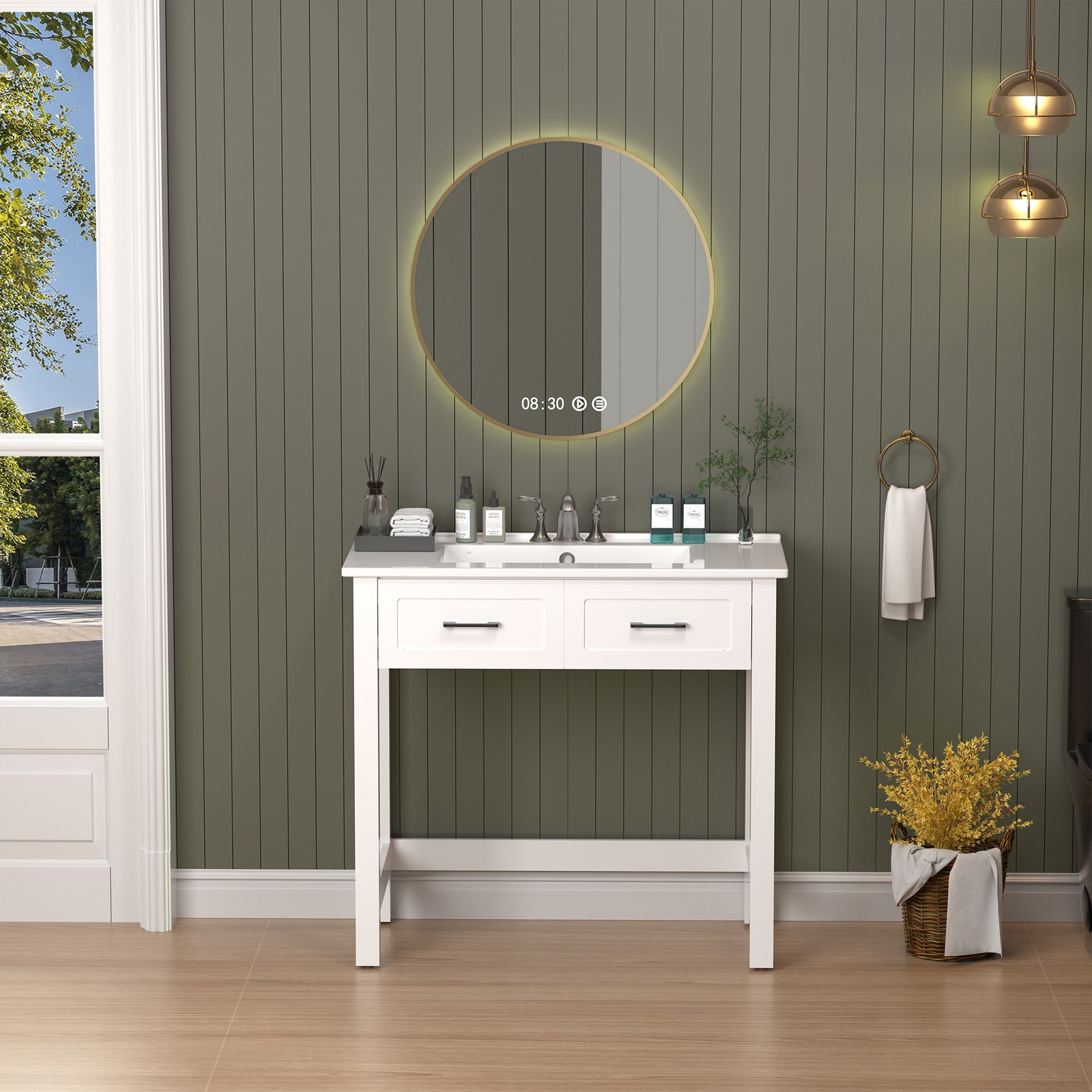 36″ Bathroom Vanity w/ a Tip-out Drawer & Ceramic Sink ADA Compliant for Elderly