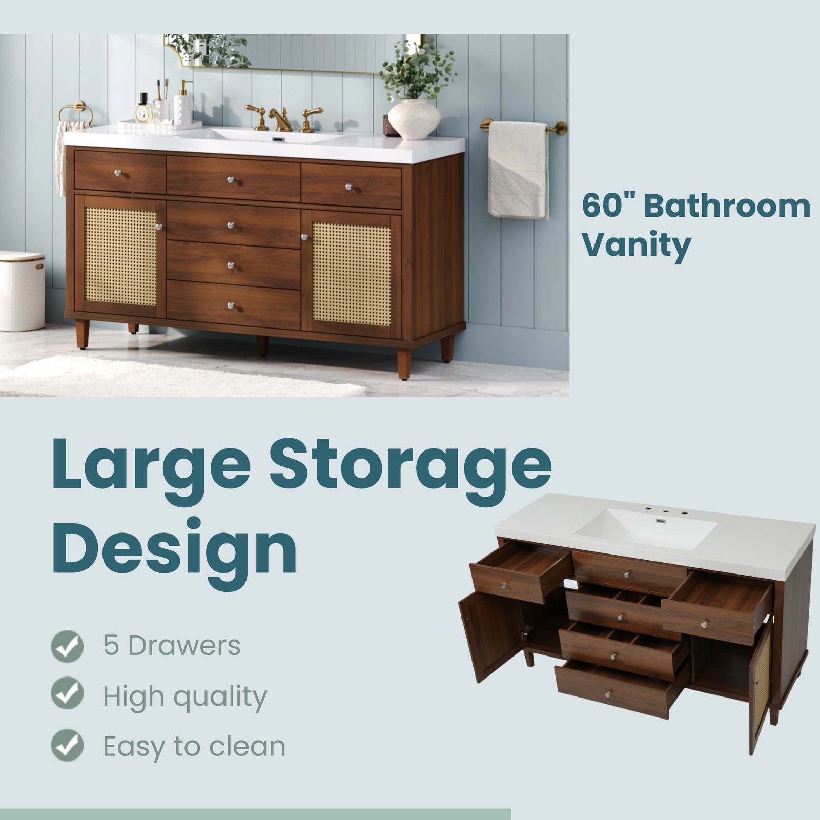 60″ Bathroom Vanity with Sink, Brown Rattan Doors, Soft Close Drawers