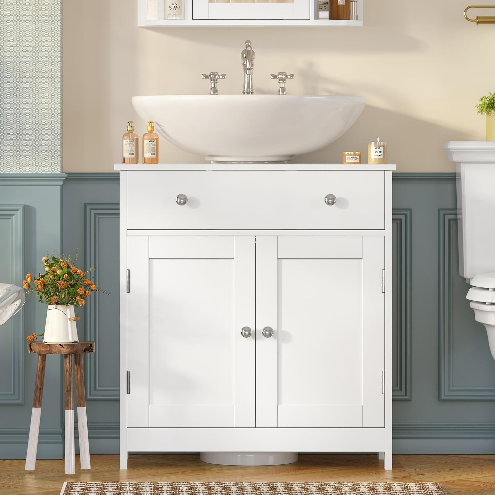 Pedestal Sink Storage Cabinet with 2 Doors and Drawer, Bathroom Sink Cabinet,…