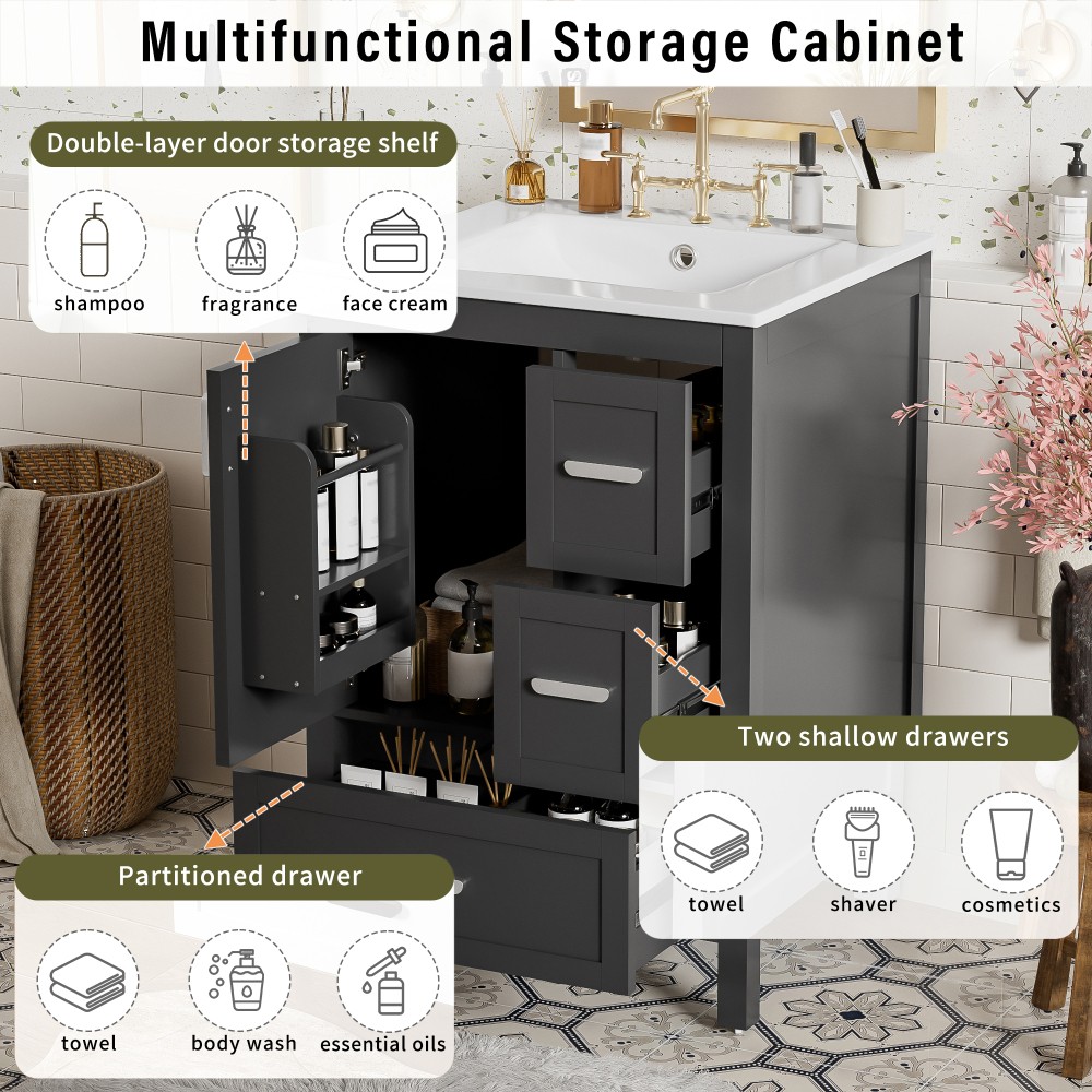Bathroom vanity with sink Features double-door cabinet Includes three drawers