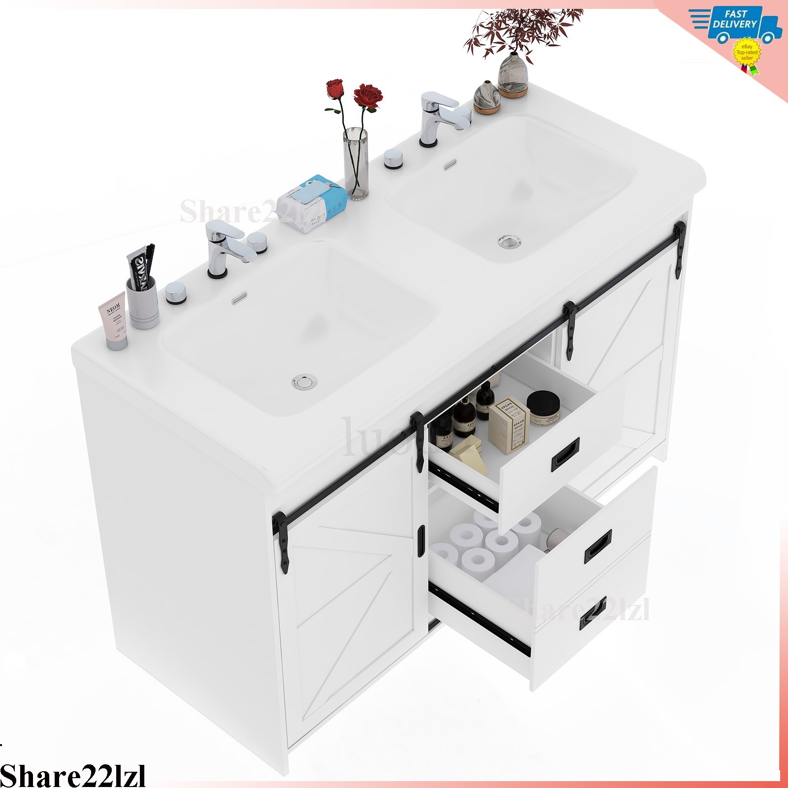 47″ Bathroom Vanity Cabinet Double Ceramic Sink Marble Countertop Cabinet Modern