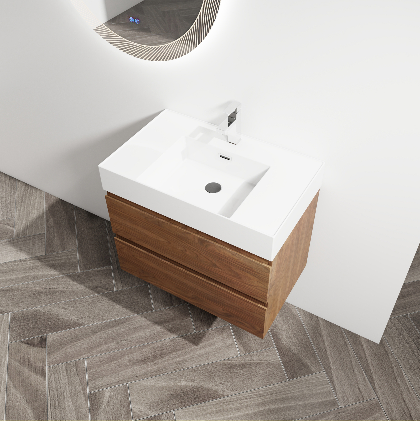 30″ Wall-Mounted Bathroom Vanity Cabinet W/Resin Sink 2-Soft Close Drawers Brown