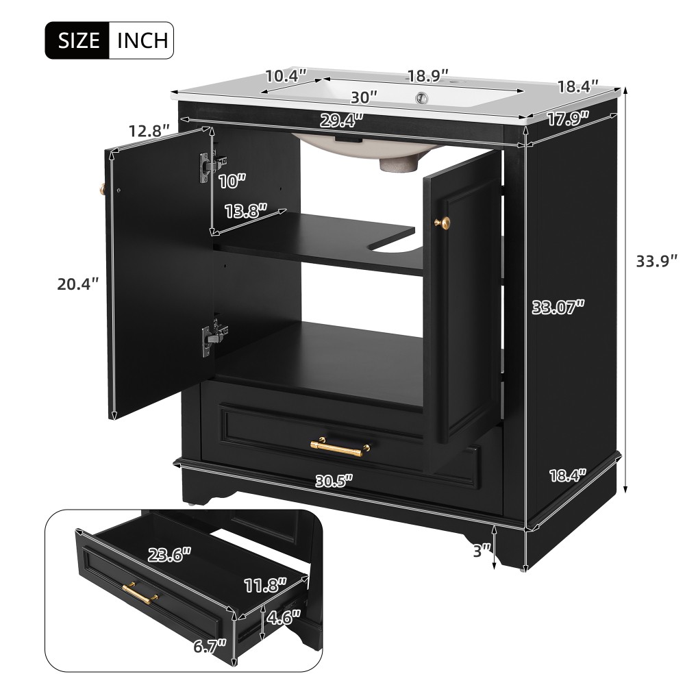 30″ Solid Wood Bathroom Vanity w/Ceramic Sink,2 Soft Close Doors,Storage Cabinet