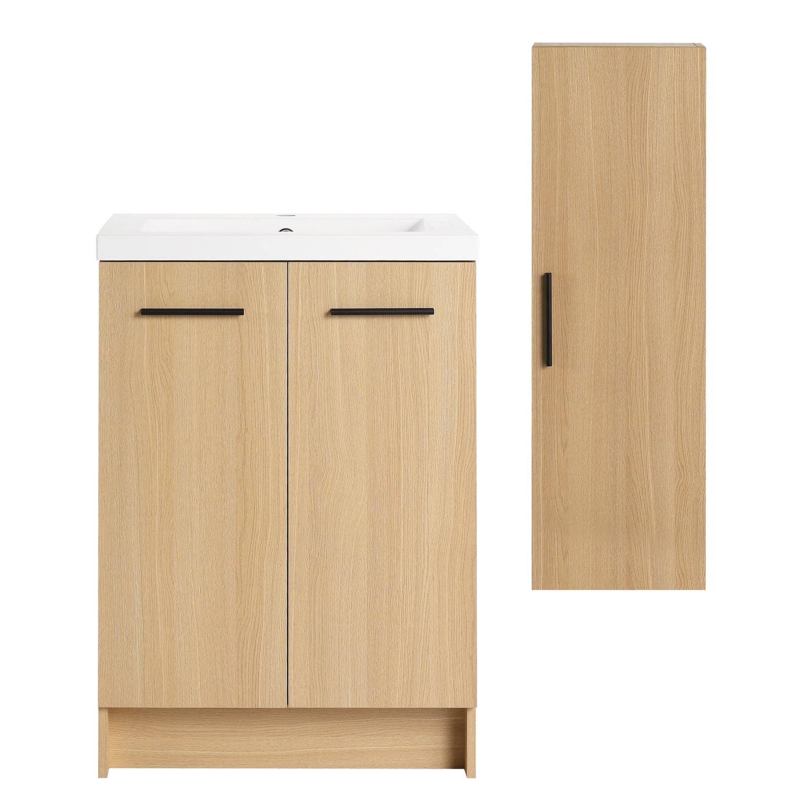 24″ Freestanding Bathroom Vanity Set with Tall Linen Cabinet, Light Oak