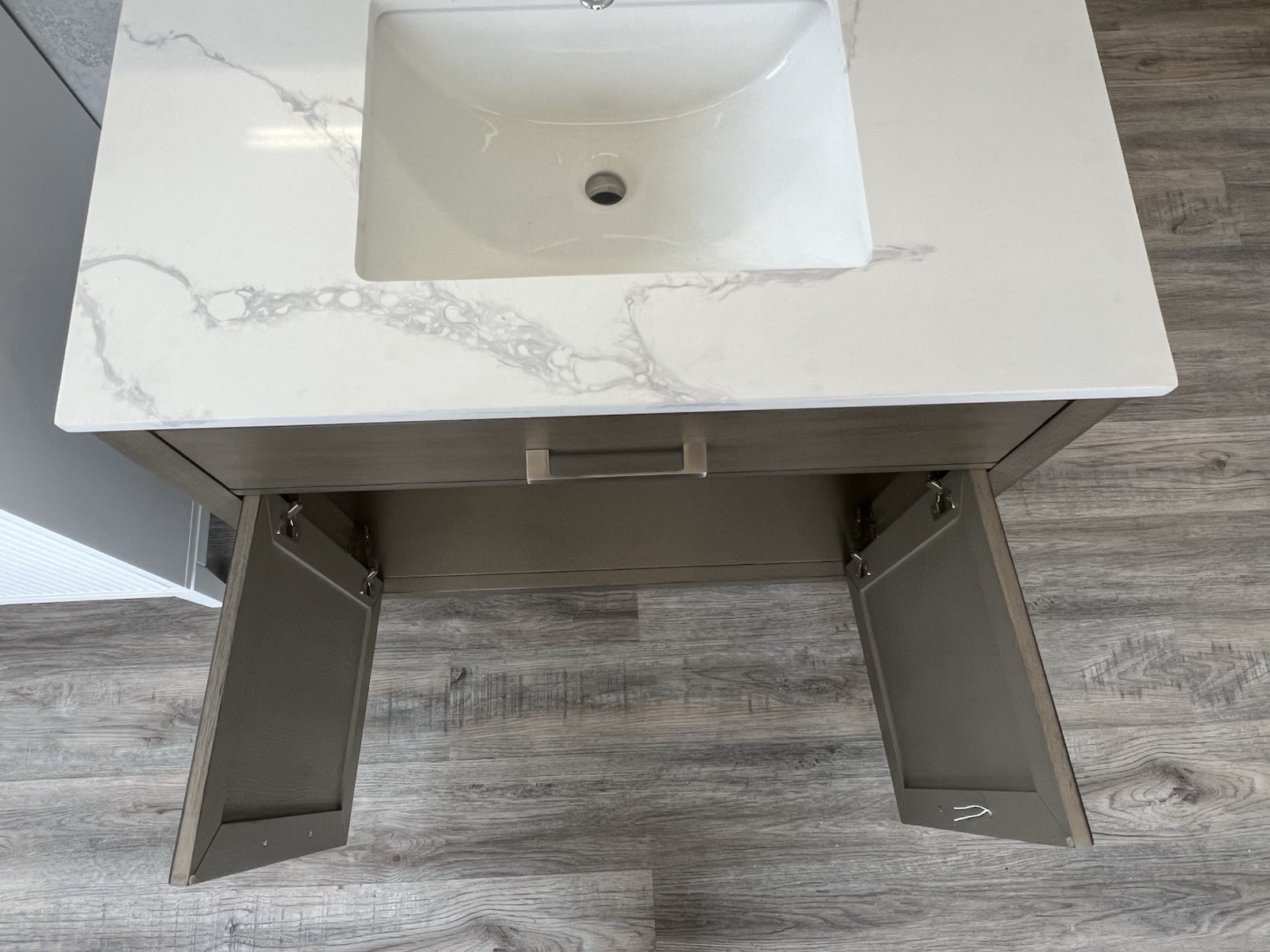 floor model Sale! 36” Gray Oak Bathroom Vanity With Quartz Top & Backsplash