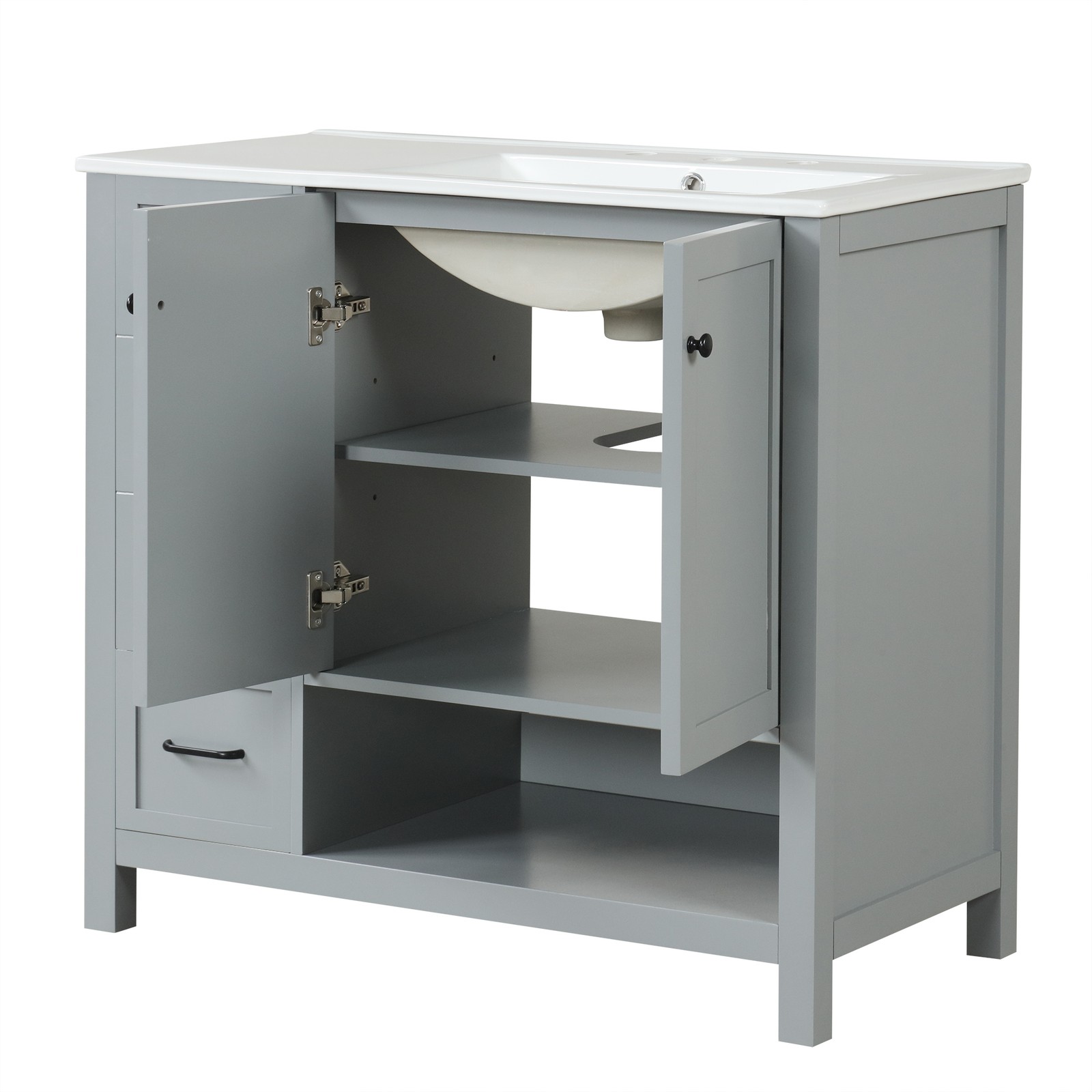 36″ Bathroom Vanity with Sink Top, Cabinet, Two Doors, Two Drawers, Grey