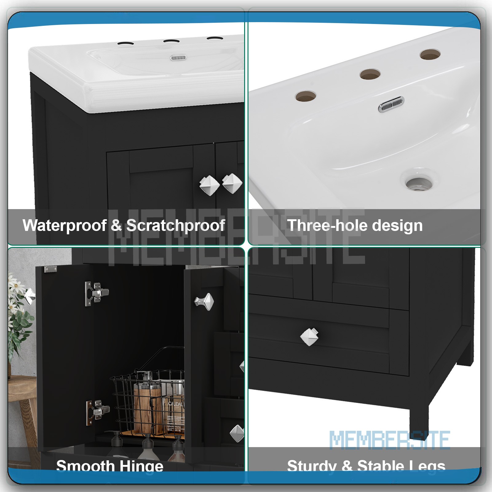 Black Bathroom Vanity Cabinet 47.3″ Double Ceramic Sinks , 2 Doors & 6 Drawers