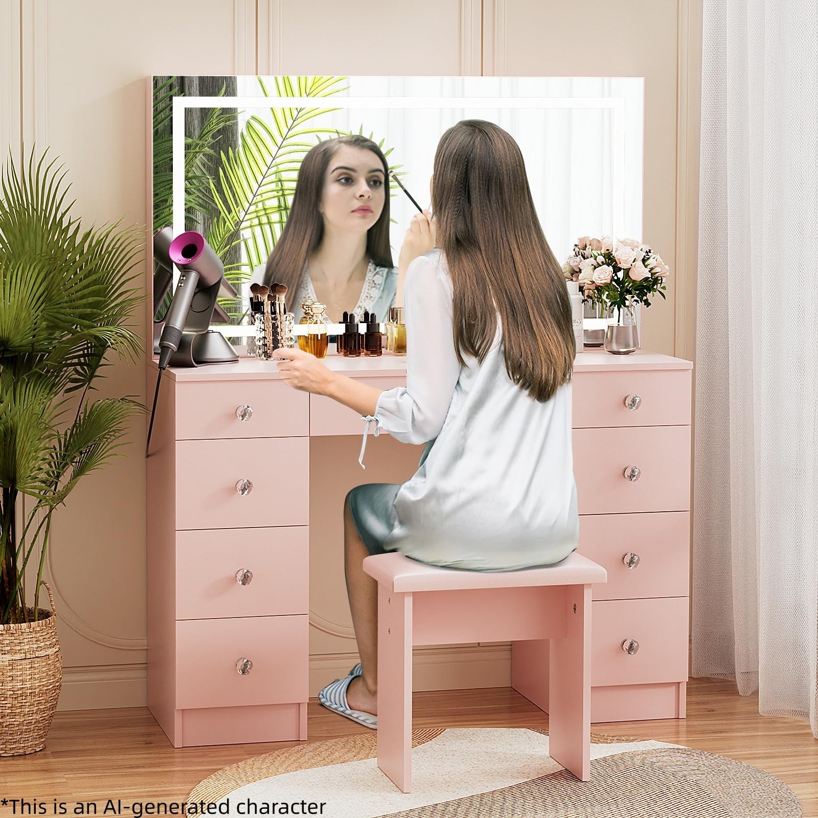 Vanity Lighted Mirror Power Outlet 9 Drawers 3 Color Lighting 43 Pink