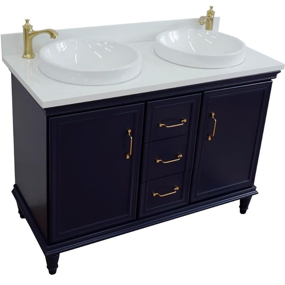 49 in. Double Wooden Vanity Blue with White Quartz Round Sink