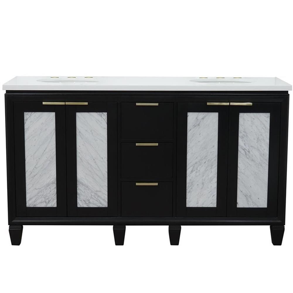 Pemberly Row 61″ Double Oval Sink Solid Wood Vanity in Blue/White Quartz Stone