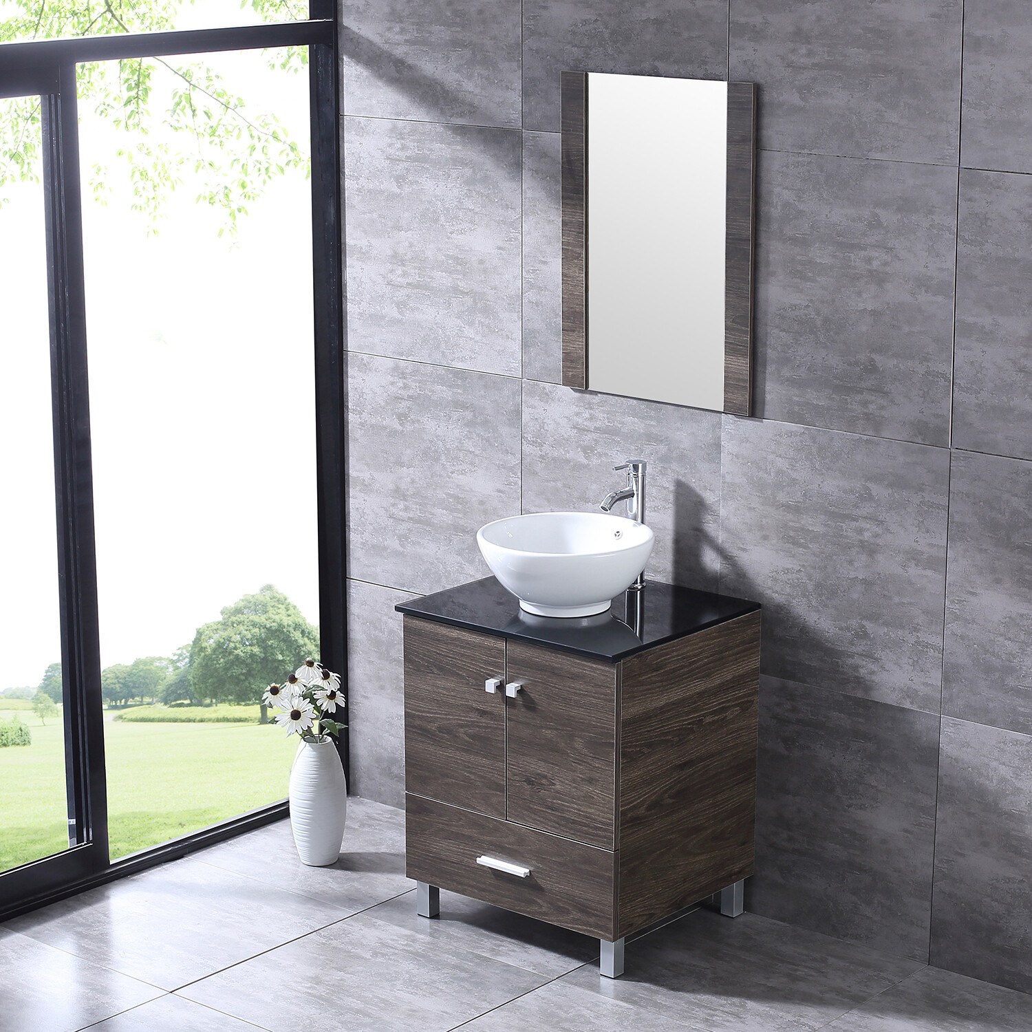 24″ Bathroom Vanity Wood Cabinet Ceramic Sink Brown Mirror Combo w/Faucet Drain