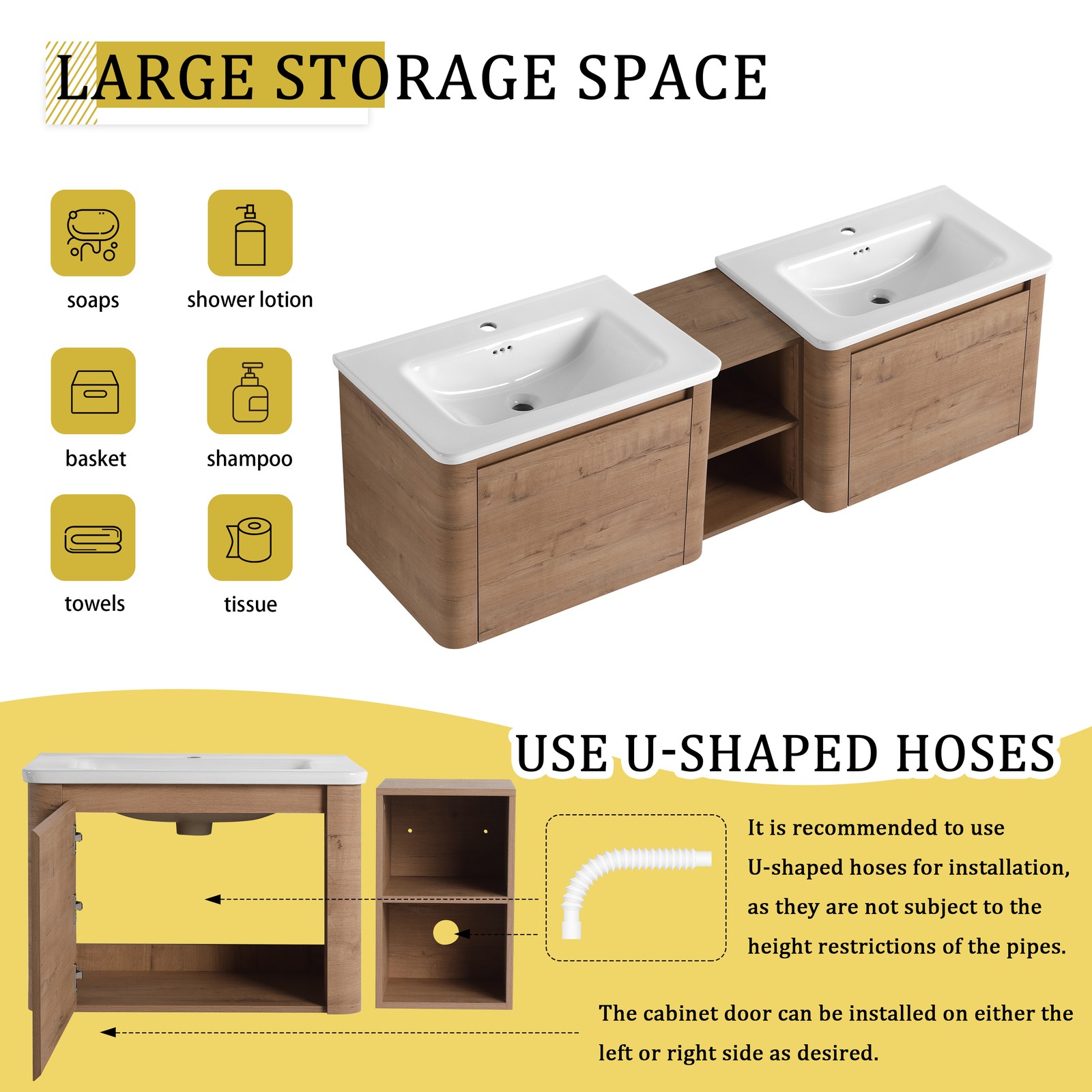 68″ Wall-Mount Bathroom Vanity w/White Ceramic Sink Door Plywood Storage Cabinet