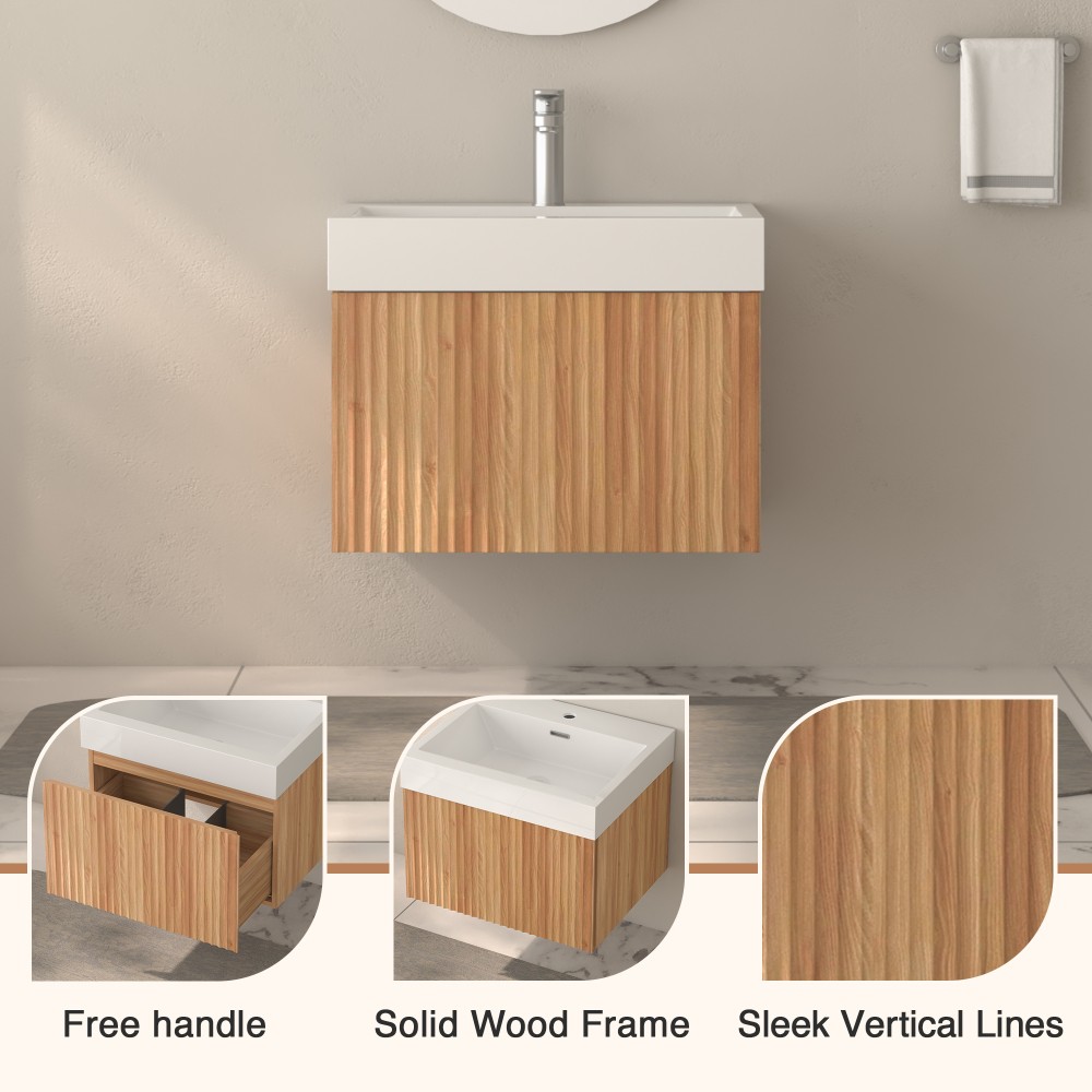 24in Wall Mounted Floating Bathroom Vanity Sink Integrated Basins Acacia Plywood
