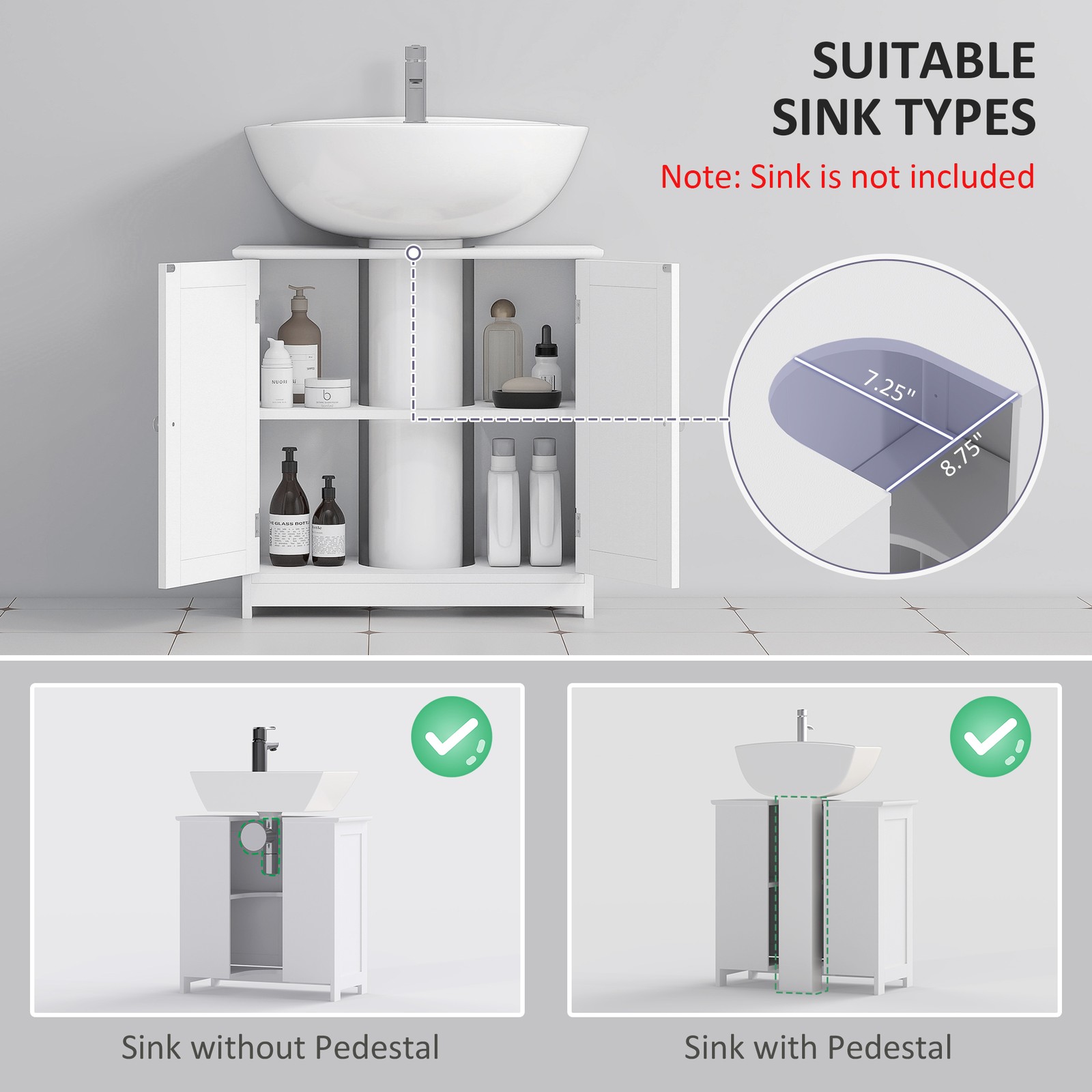 Short Pedestal Sink Washroom Storage Furniture w/Double Doors and Moveable Shelf