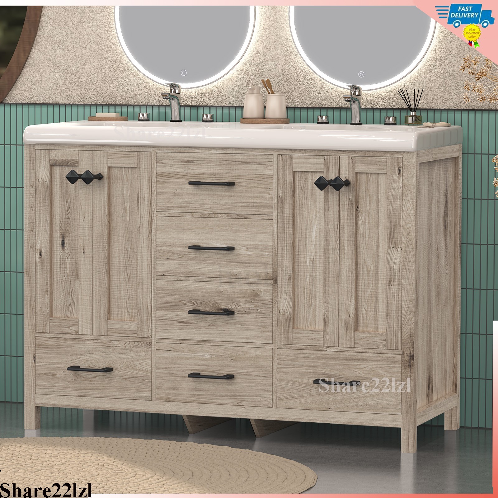 47″ Bathroom Vanity Set Double Sink Ceramic Freestanding Wood Cabinet w/ Drawers