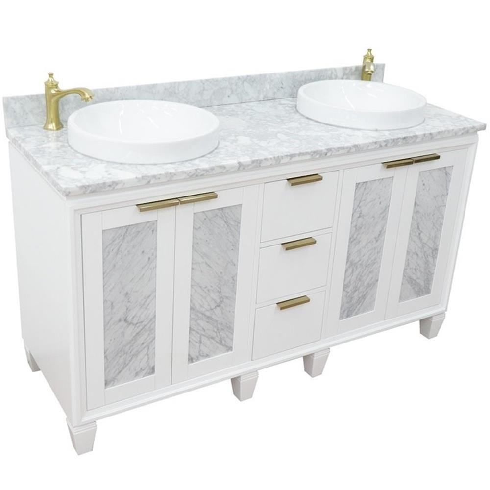 Pemberly Row 61″ Double Round Sink Solid Wood Vanity in White/White Carrara