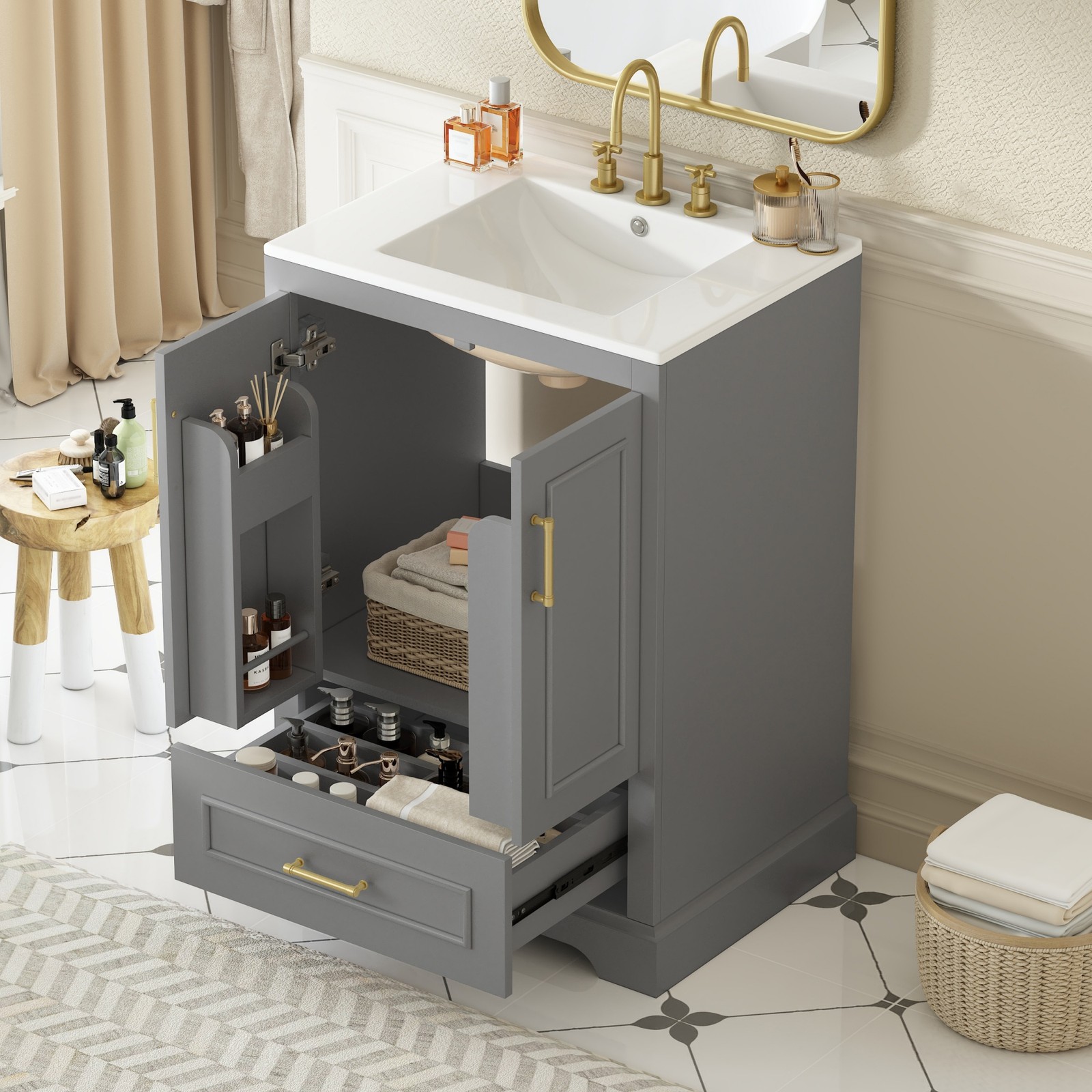 Modern 24″ Bathroom Vanity with Sink, MDF Cabinet & Solid Wood Frame Gray