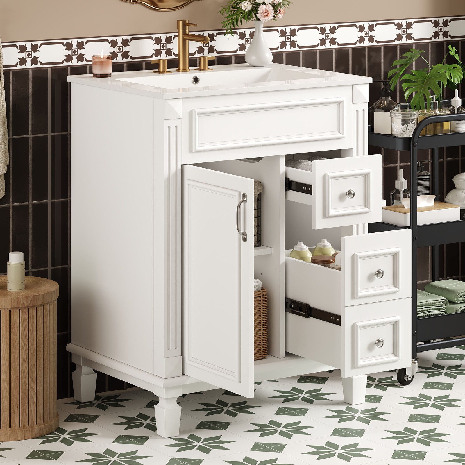 24″ Bathroom Vanity w/Ceramic Sink, Small Bathroom Sink Cabinet with 2 Drawers