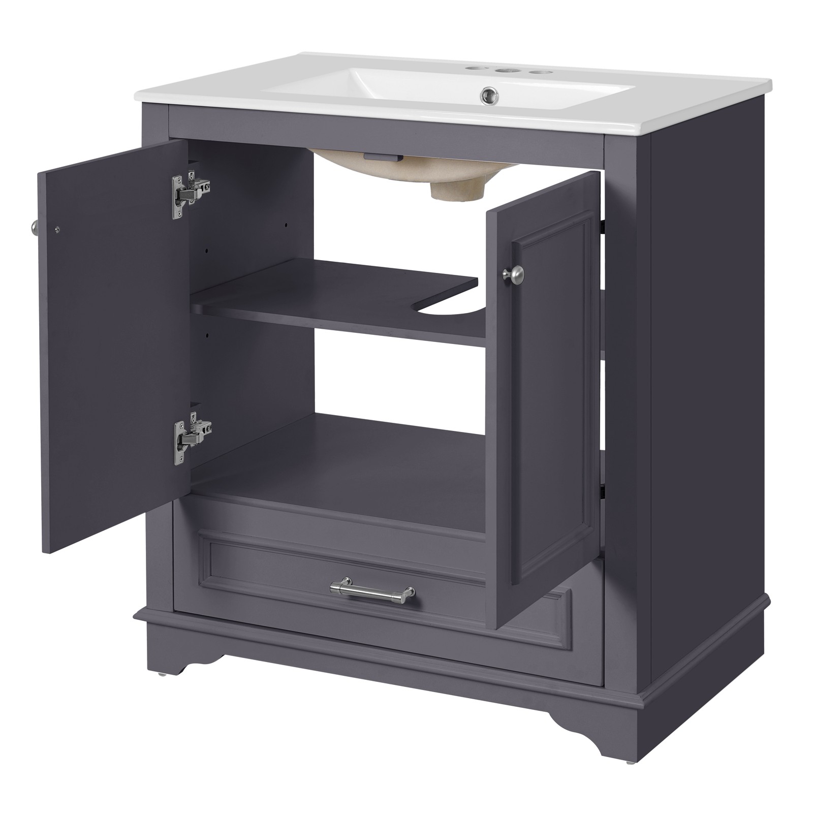 30.5″ Bathroom Vanity with Ceramic Sink, 2 Soft Close Doors, Solid Wood Frame