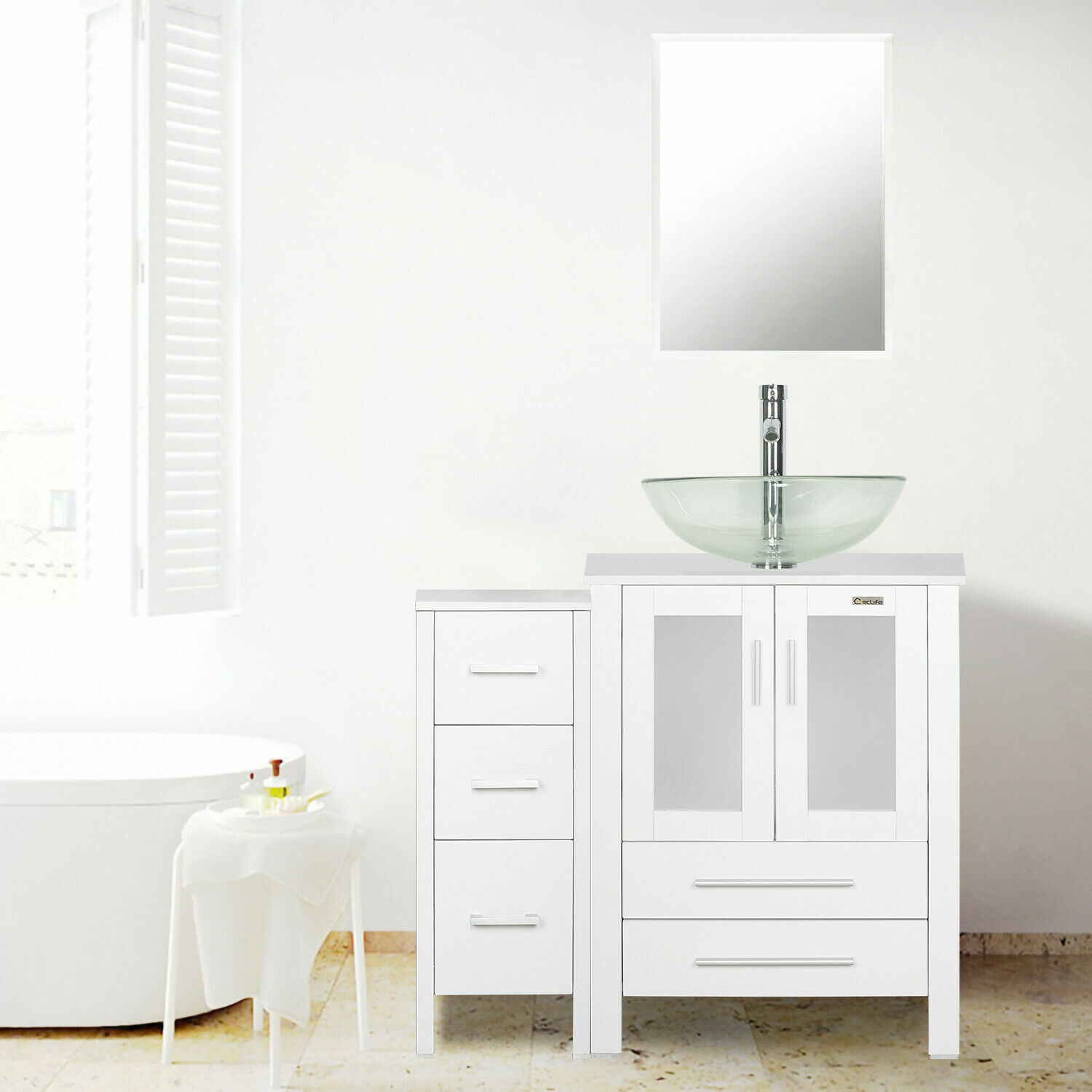 36″ White Bathroom Vanity Side Cabinet Vessel Glass/Ceramic Sink No Mirror