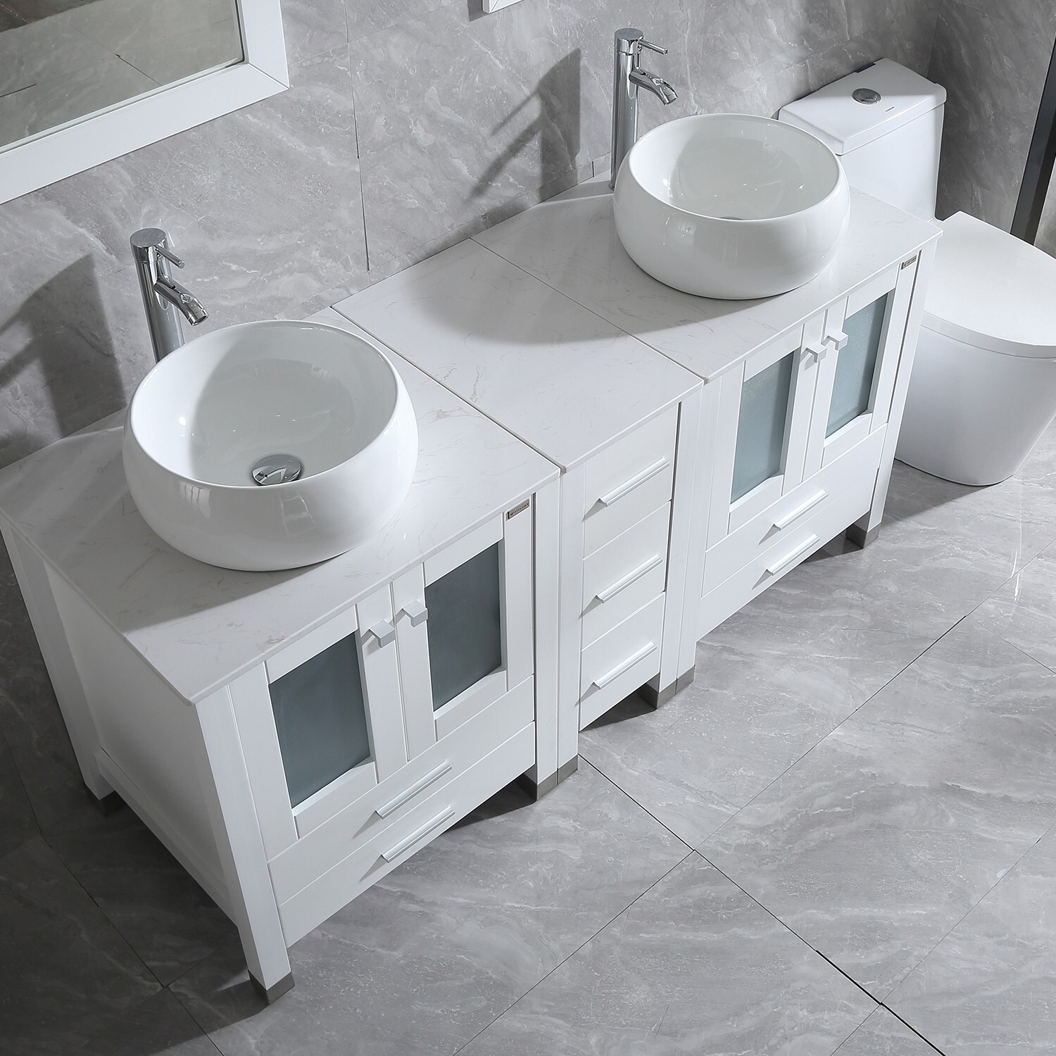 60″ Double Bathroom Vanity White Cabinet Glass Vessel Sink Bowl Mirror w/Faucet