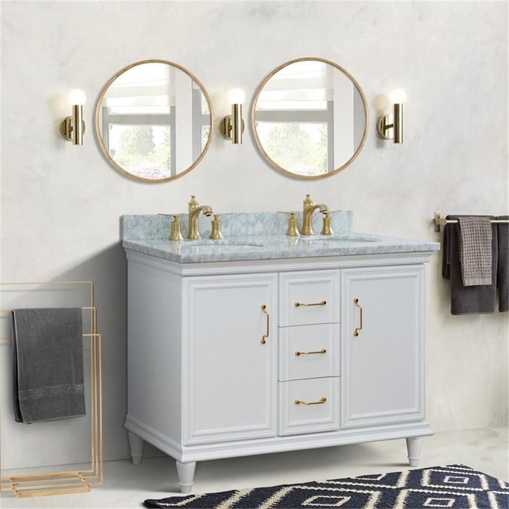 49 in. Double Wooden Vanity White with White Carrara Oval Sink