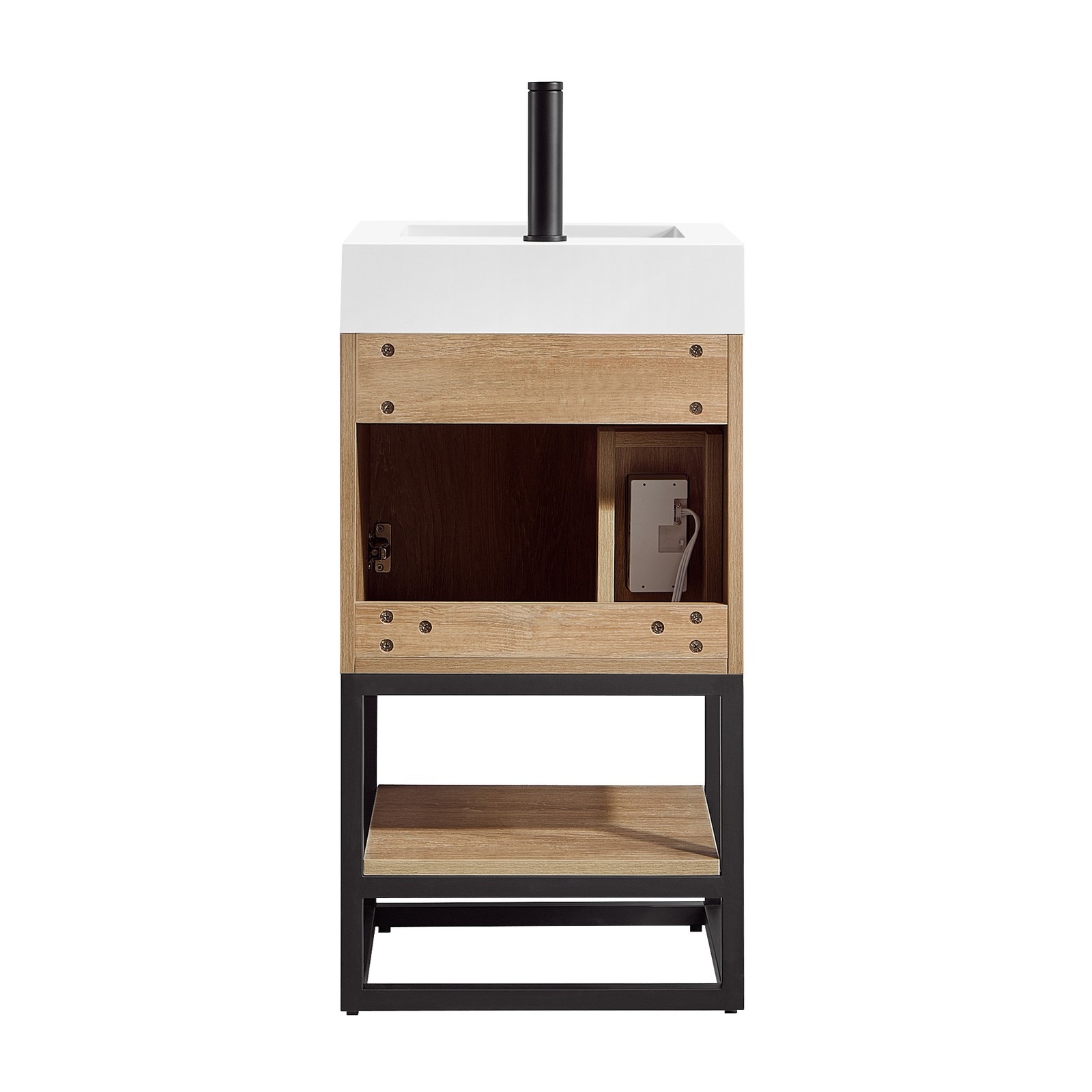 Vinnova Alistair 18″ White Stone Top Oak Single Vanity Black Frame w/o Mirror