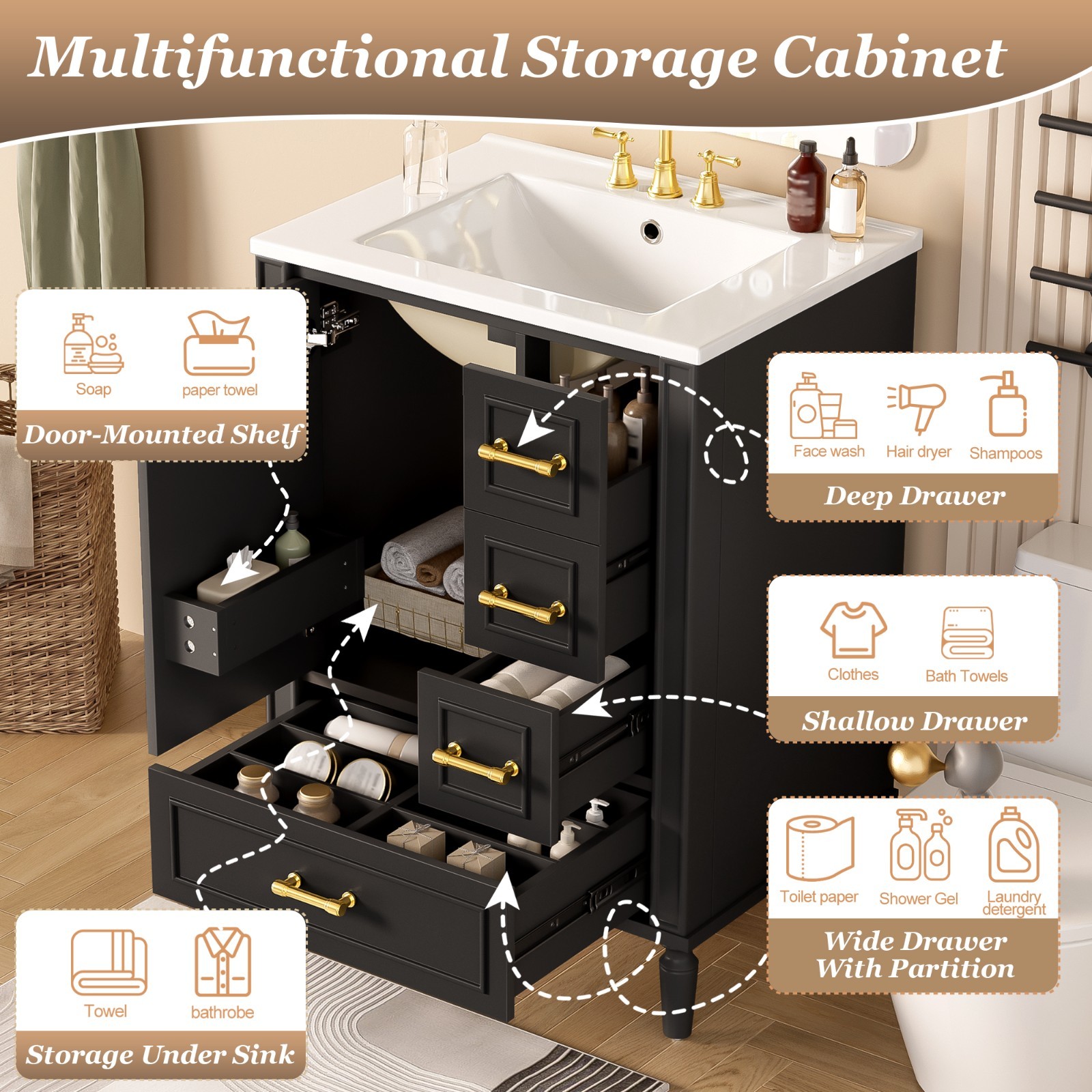 Black vanity cabinet with Sink 24 Inch Floor Standing vanity for bathroom Unit