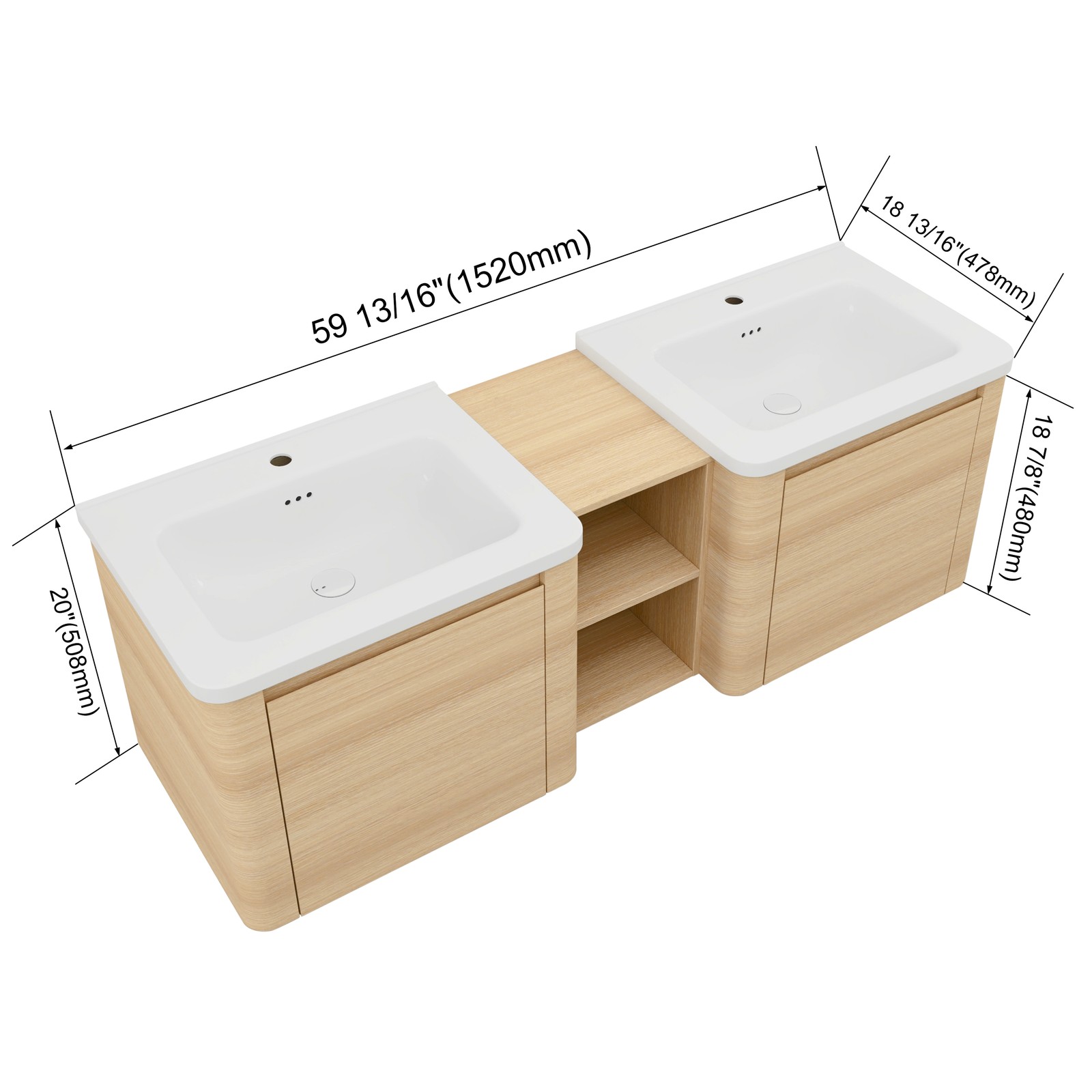 60in Plywood Wall-Mounted Bathroom Vanity W/ 2x White Ceramic Sink and Shelves