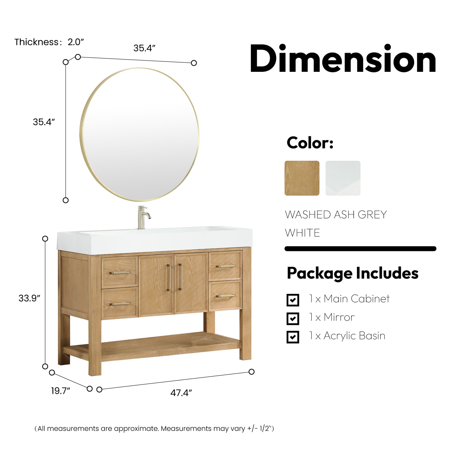 Vera 48″ Single Bath Vanity in Washed Ash Grey w/ White Integrated Sink & Mirror