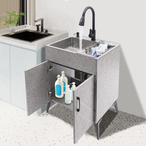 Modern Bathroom Vanity Free Standing Kitchen Cabinet Sink w/ Pull-out Faucet