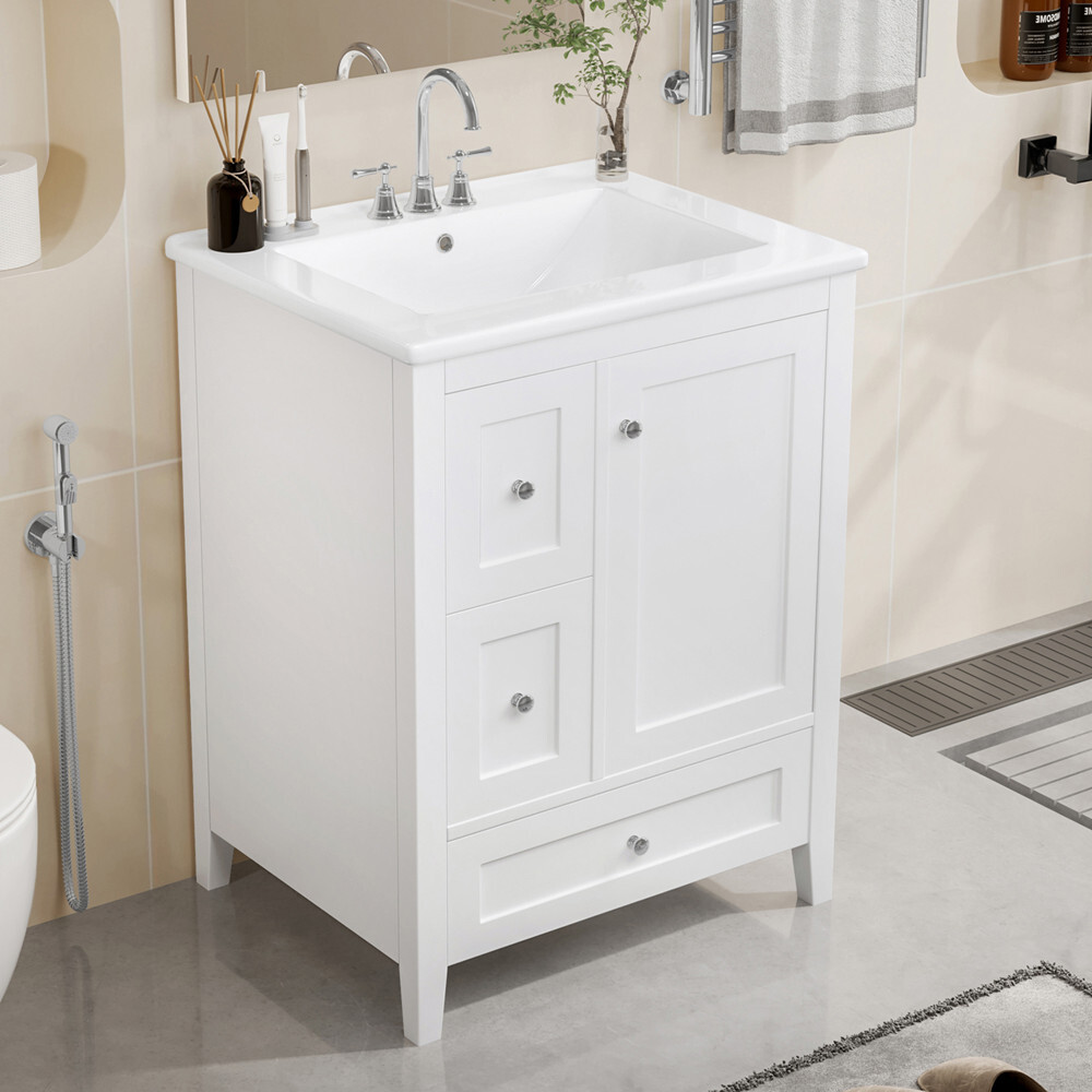 24″ Bathroom Vanity w/Ceramic Sink, Freestanding Vanity Cabinet, 3 Drawers, Door