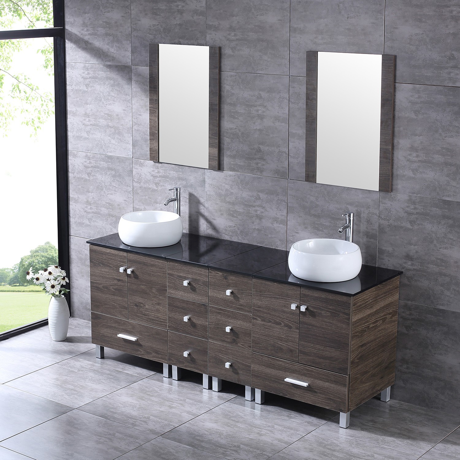 72″ Bathroom Vanity Free Standing Cabinet Ceramic Vessel Sink w/Mirror Faucet